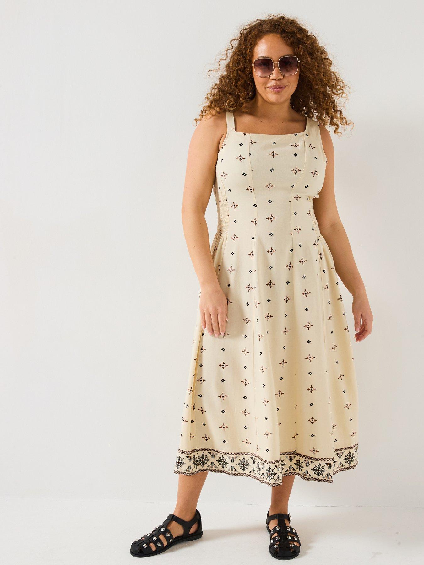 Image 1 of 6 of V by Very Curve Asymmetric Neck Linen Midi Dress - Print