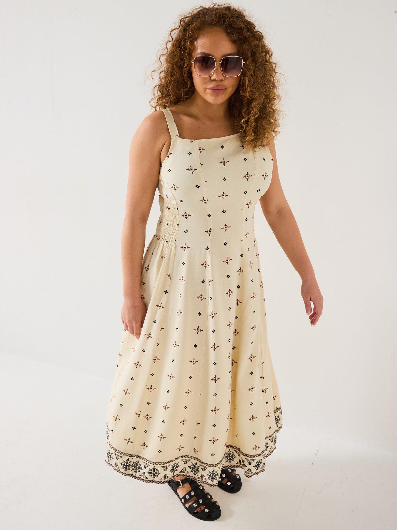 Image 3 of 6 of V by Very Curve Asymmetric Neck Linen Midi Dress - Print