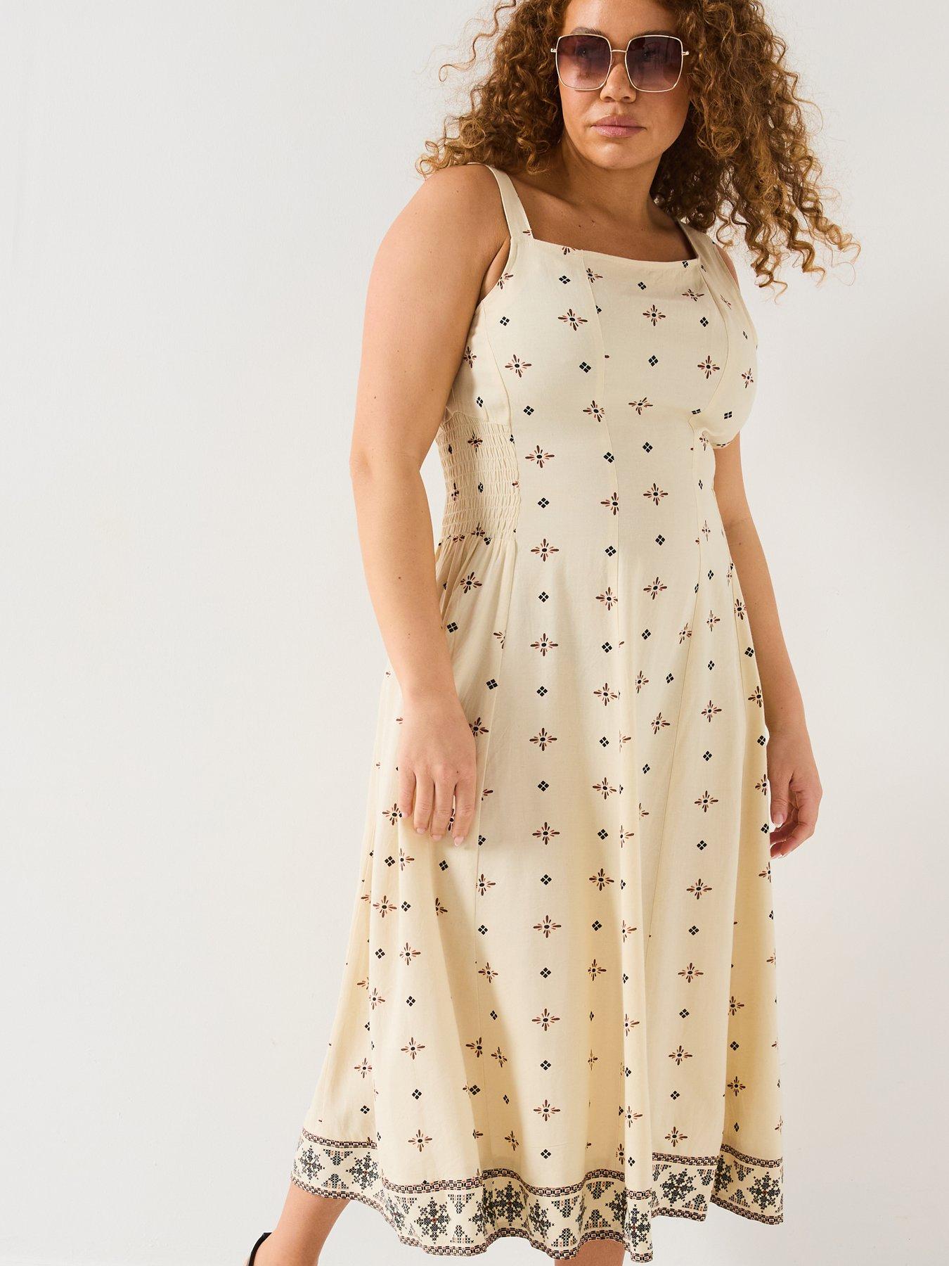 Image 5 of 6 of V by Very Curve Asymmetric Neck Linen Midi Dress - Print