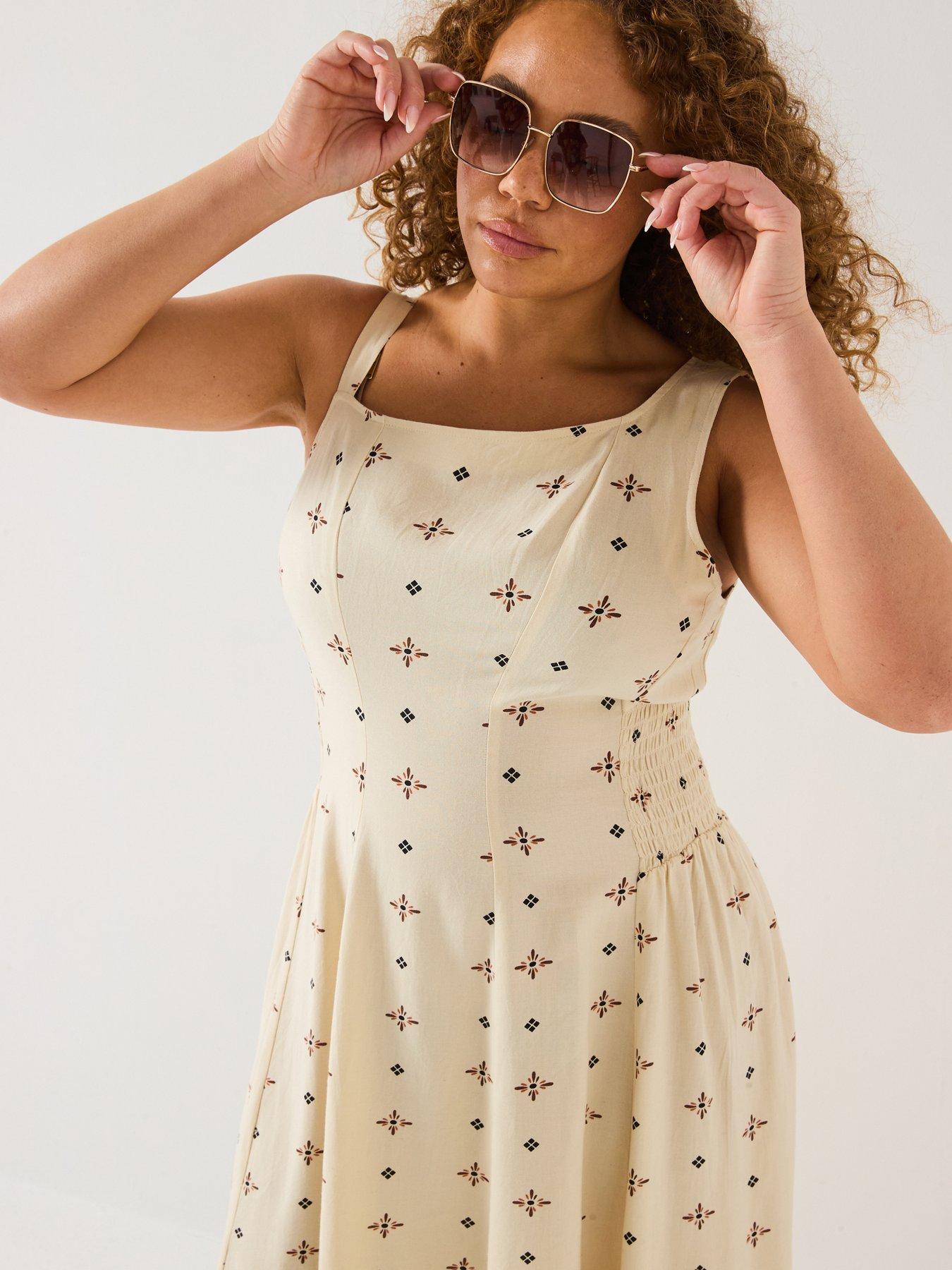 Image 6 of 6 of V by Very Curve Asymmetric Neck Linen Midi Dress - Print
