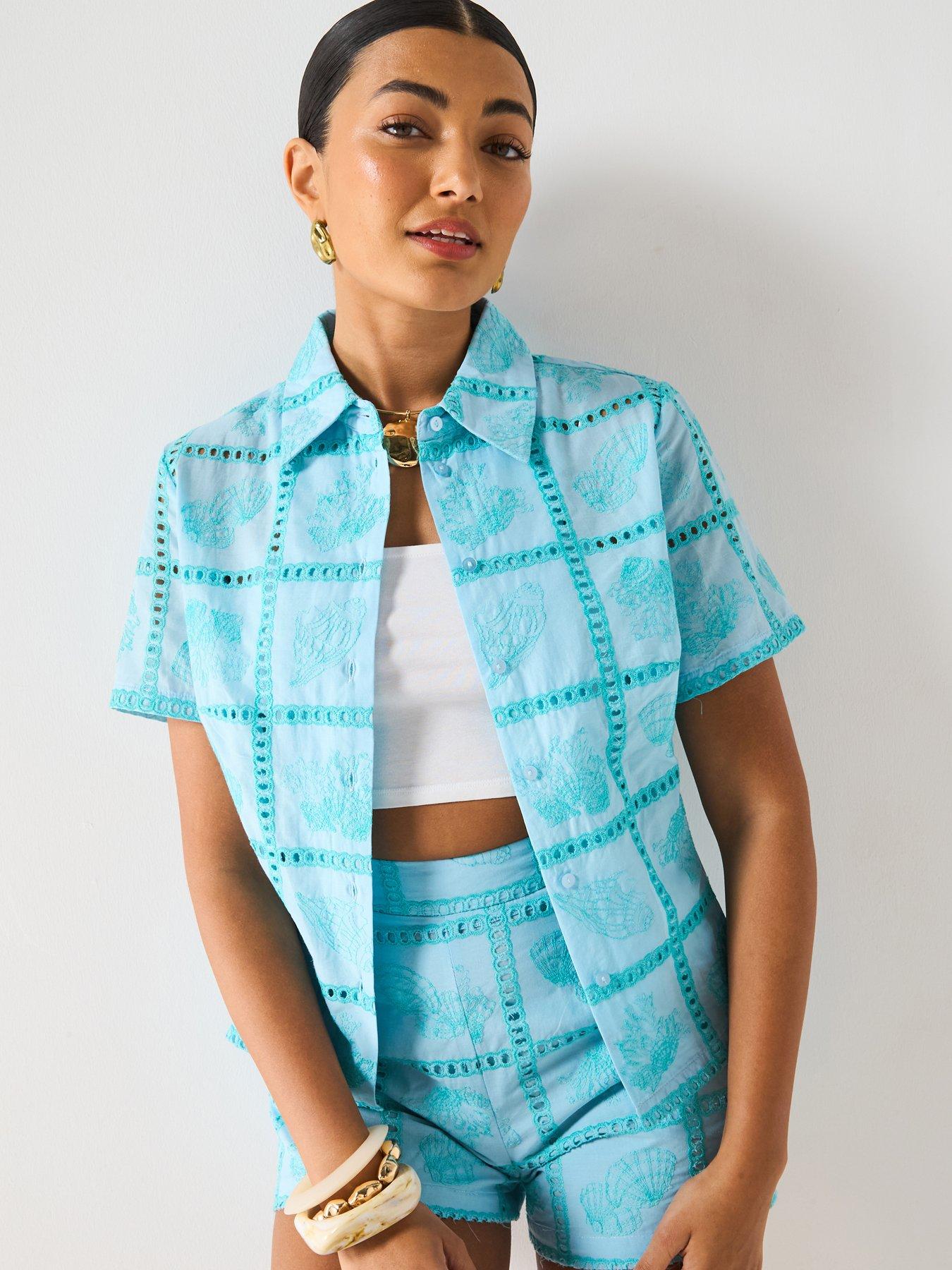 V by Very Contrast Broderie Shirt Co-Ord - Blue