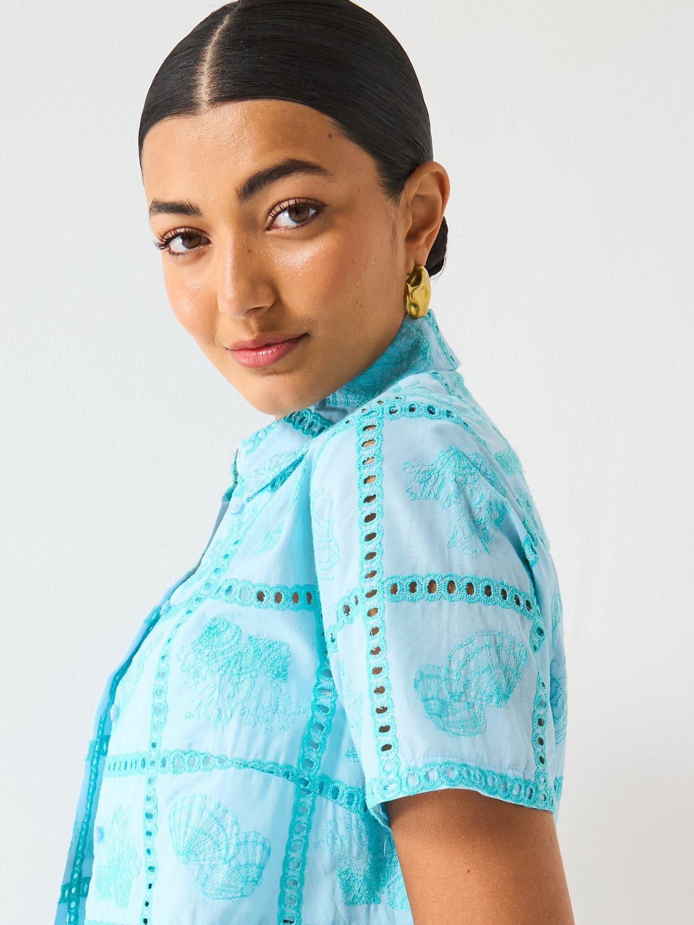 Image 4 of 6 of V by Very Contrast Broderie Shirt Co-Ord - Blue