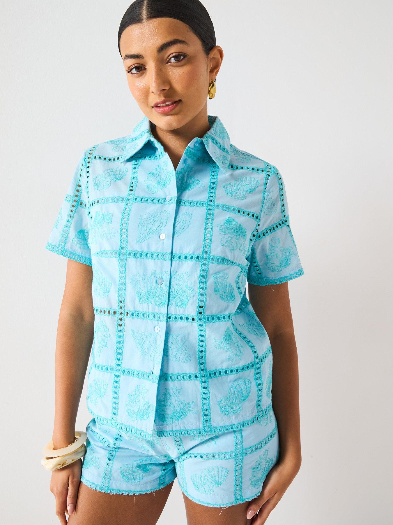 Image 5 of 6 of V by Very Contrast Broderie Shirt Co-Ord - Blue