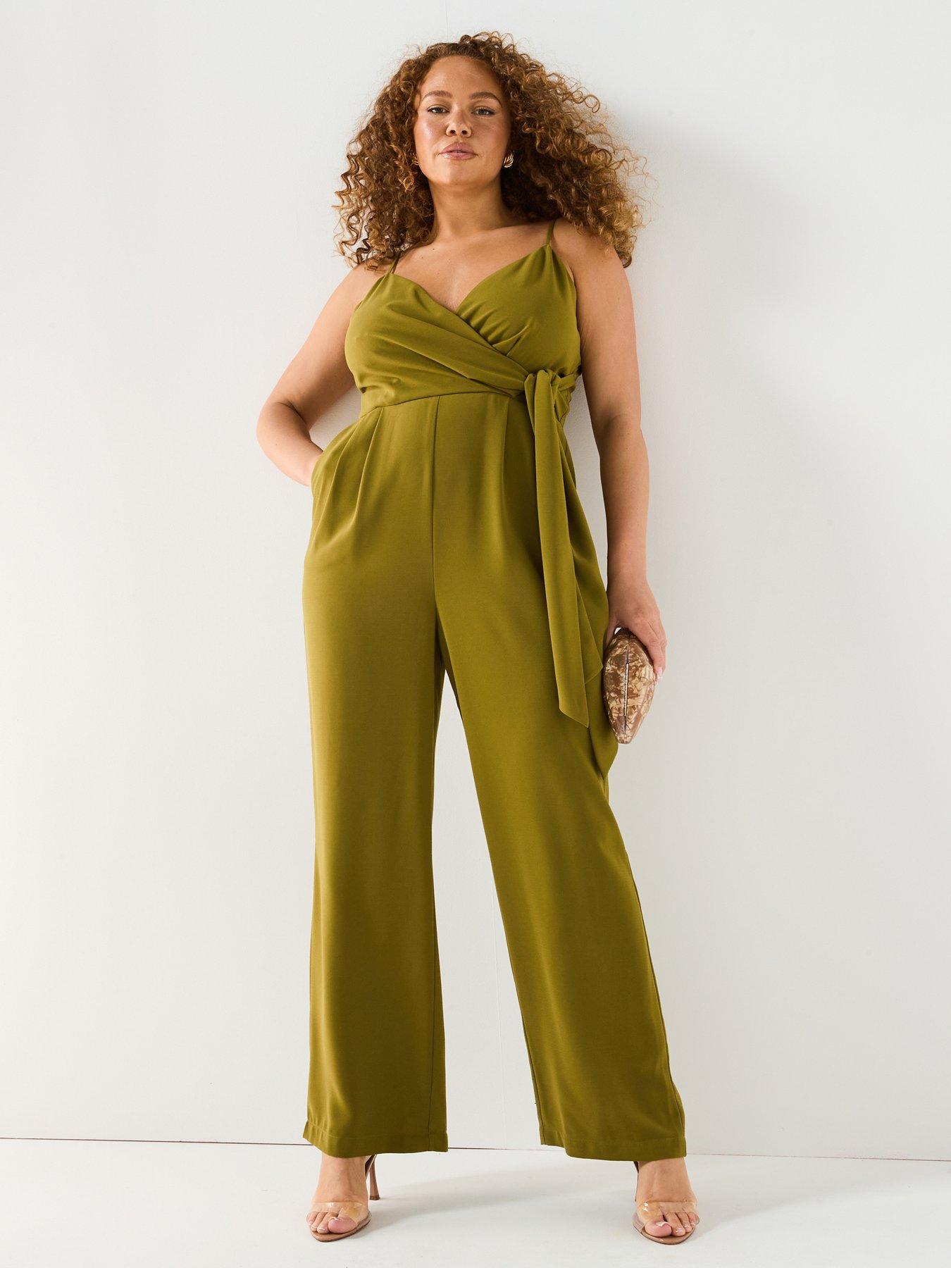 Image 1 of 6 of V by Very Curve Strappy Wrap Wide Leg Jumpsuit - Khaki