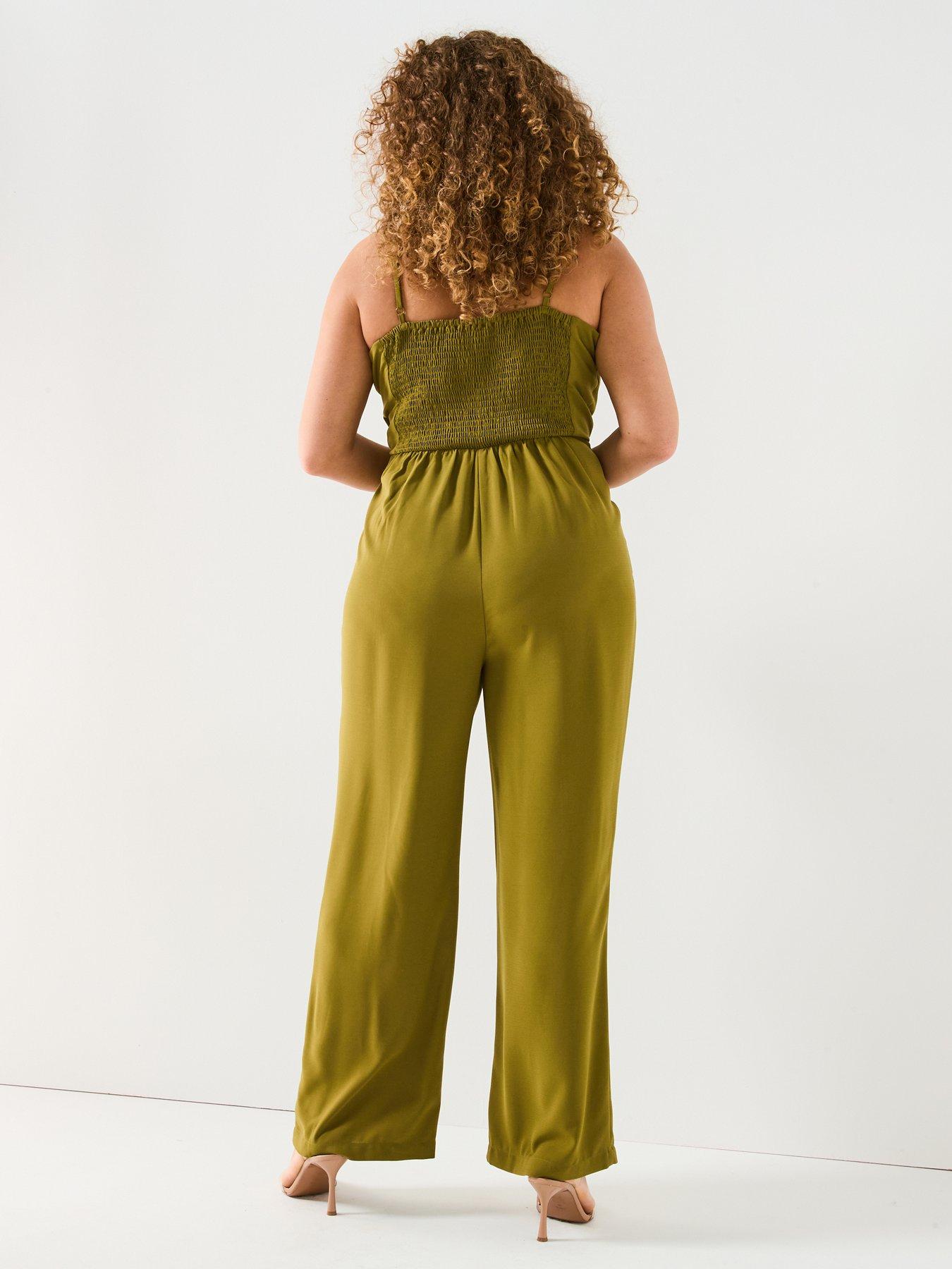 Image 2 of 6 of V by Very Curve Strappy Wrap Wide Leg Jumpsuit - Khaki