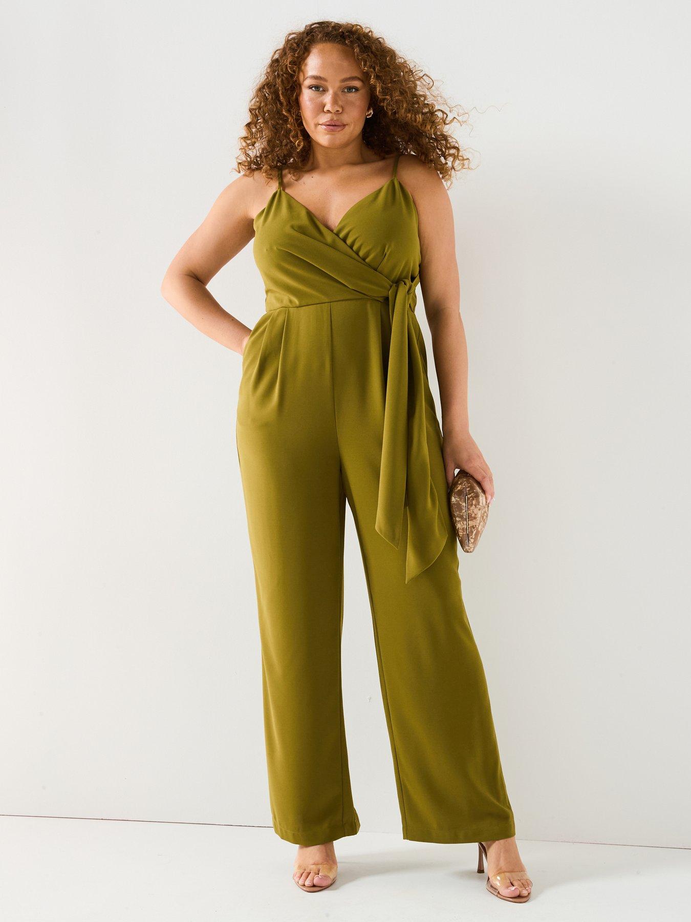 V by Very Curve Strappy Wrap Wide Leg Jumpsuit Khaki Very
