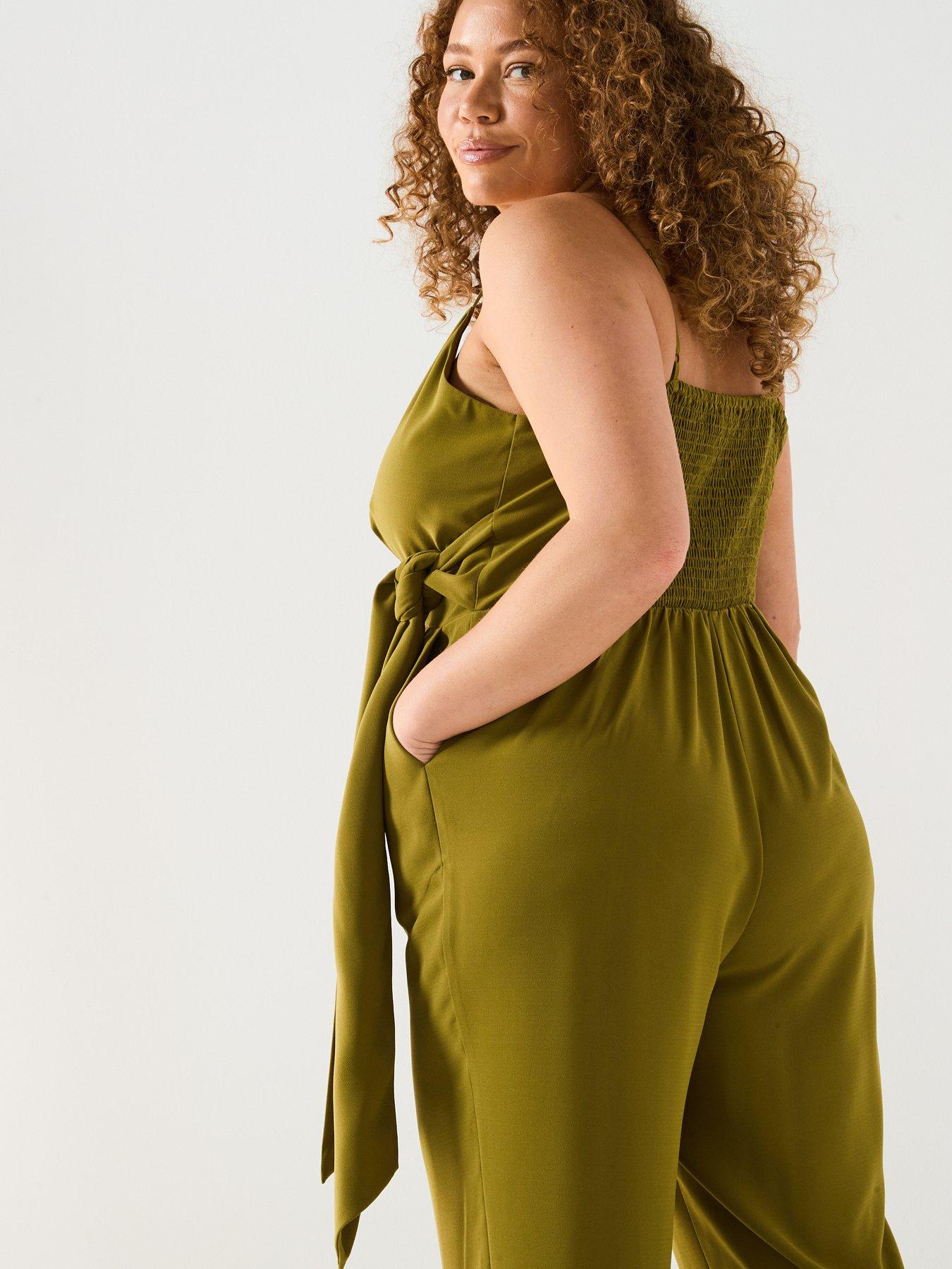 Image 5 of 6 of V by Very Curve Strappy Wrap Wide Leg Jumpsuit - Khaki