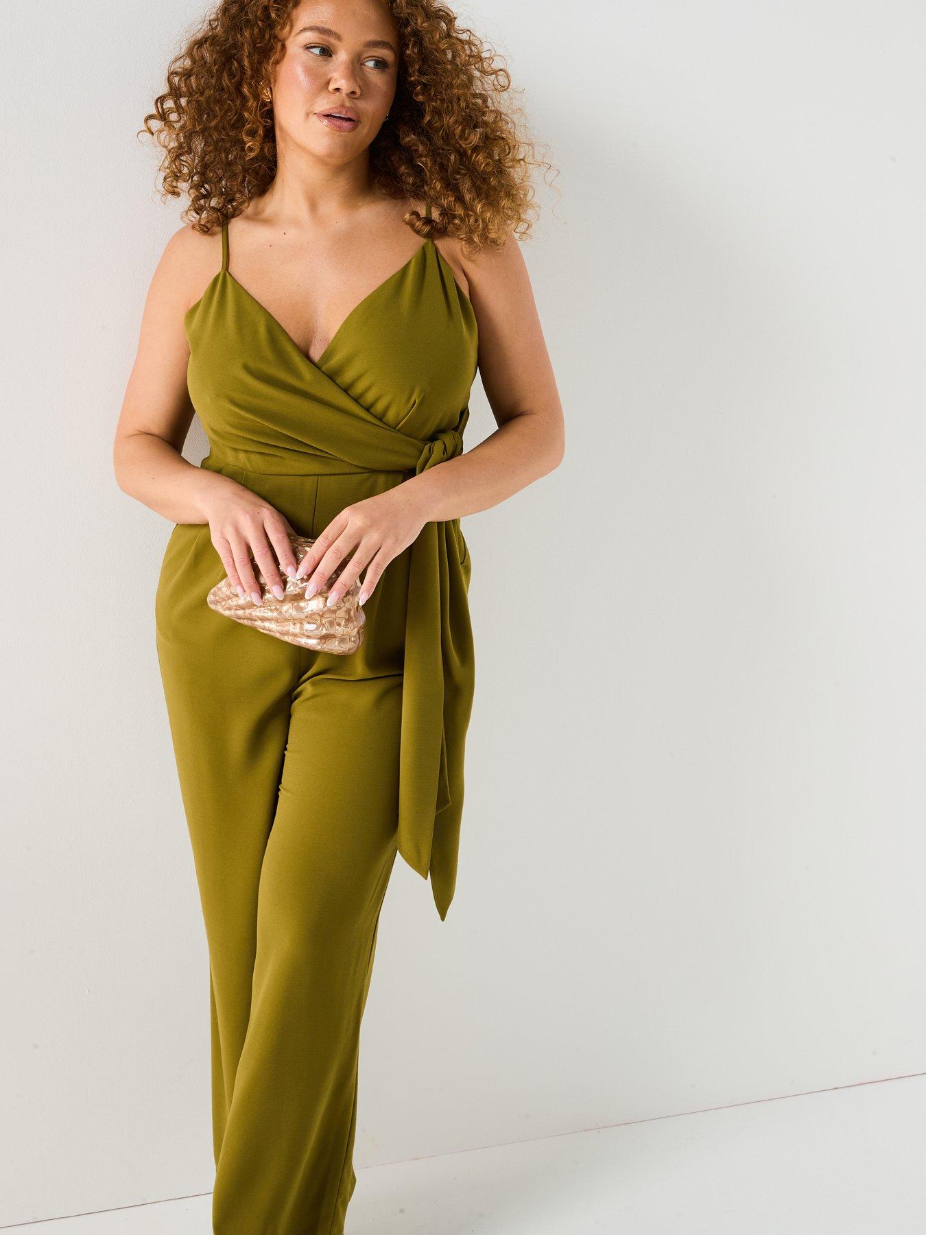 Image 6 of 6 of V by Very Curve Strappy Wrap Wide Leg Jumpsuit - Khaki