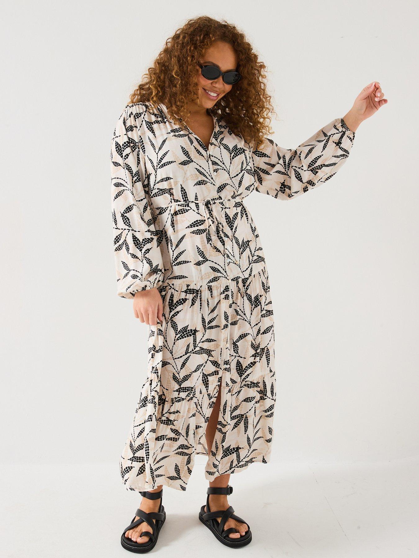 undefined Viscose Long Sleeve Tiered Midi Dress - Print