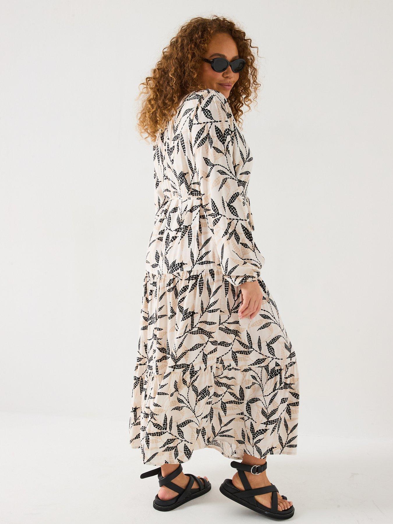 Image 2 of 6 of V by Very Curve Viscose Long Sleeve Tiered Midi Dress - Print