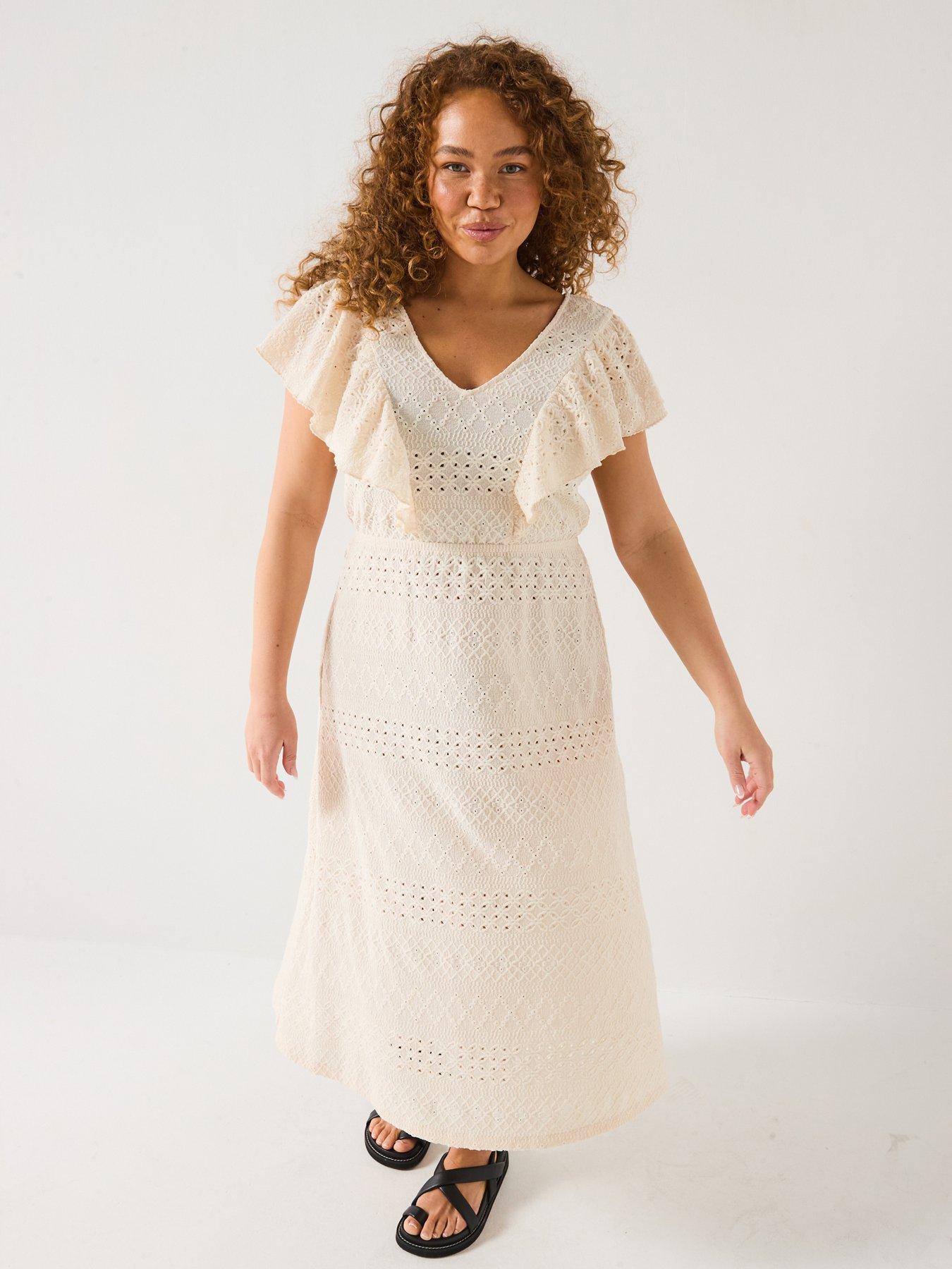 V by Very Curve: Lace Ruffle Midi Dress - Cream
