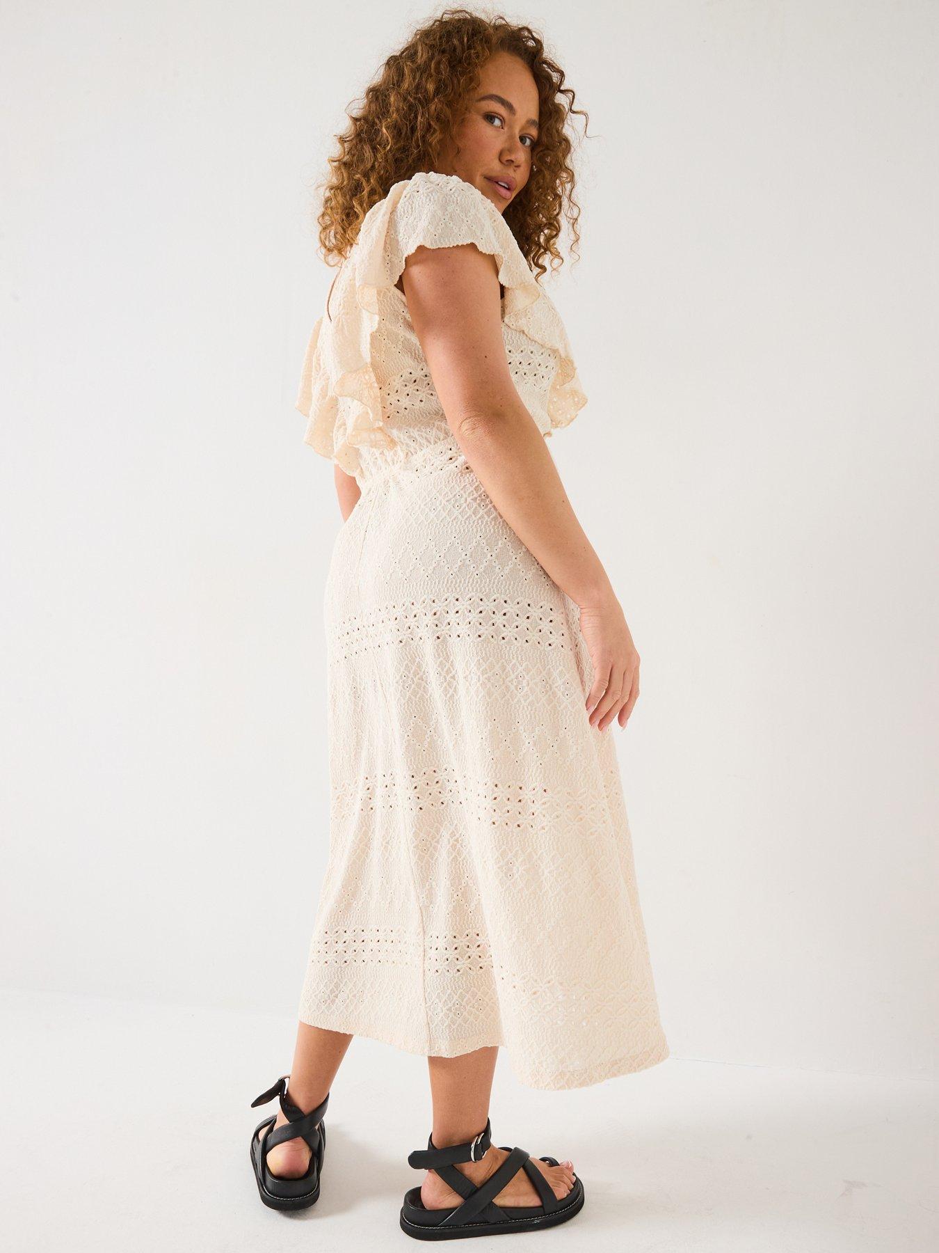 Image 2 of 6 of V by Very Curve Lace Ruffle Midi Dress - Cream