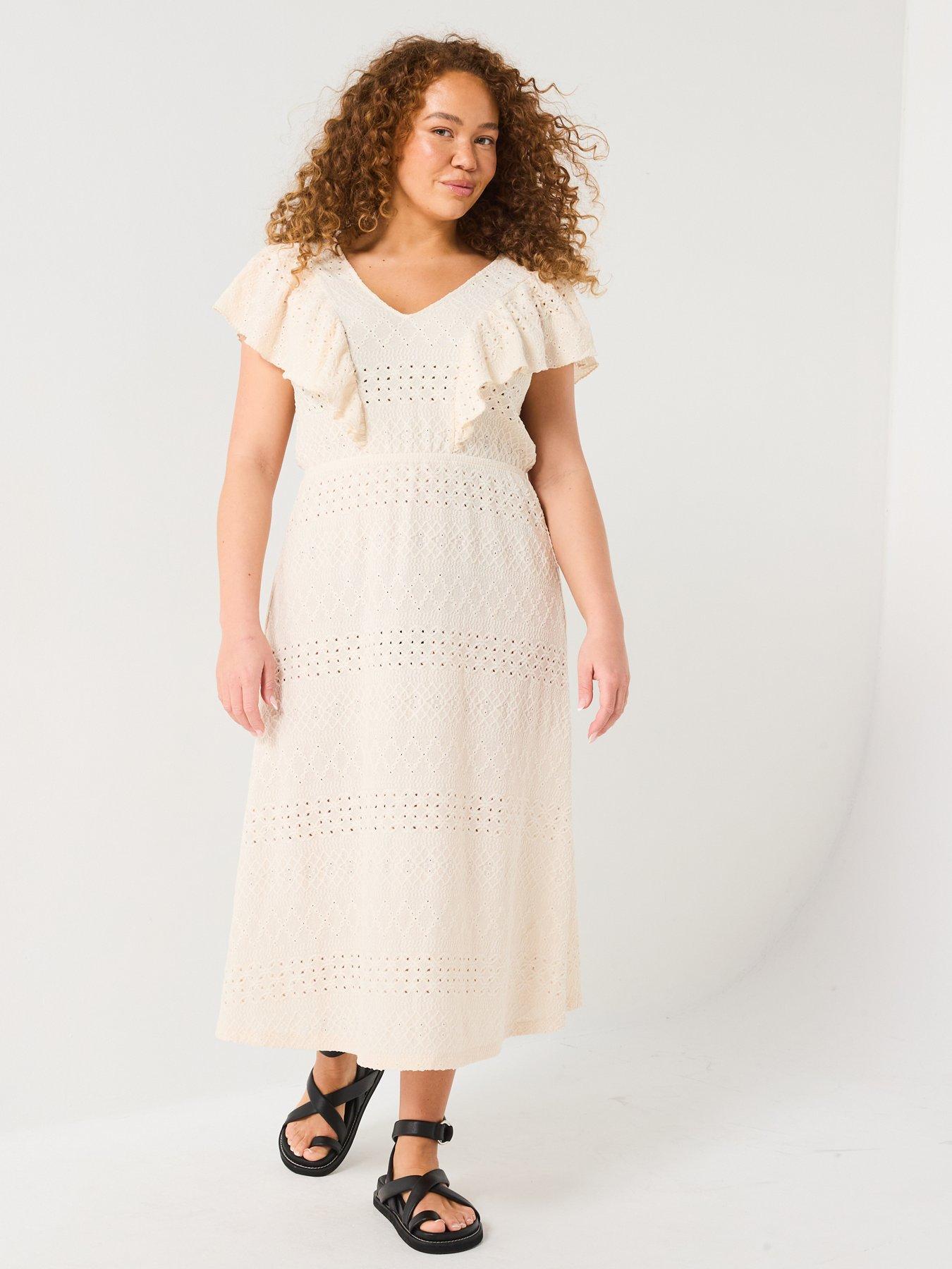 Image 3 of 6 of V by Very Curve Lace Ruffle Midi Dress - Cream