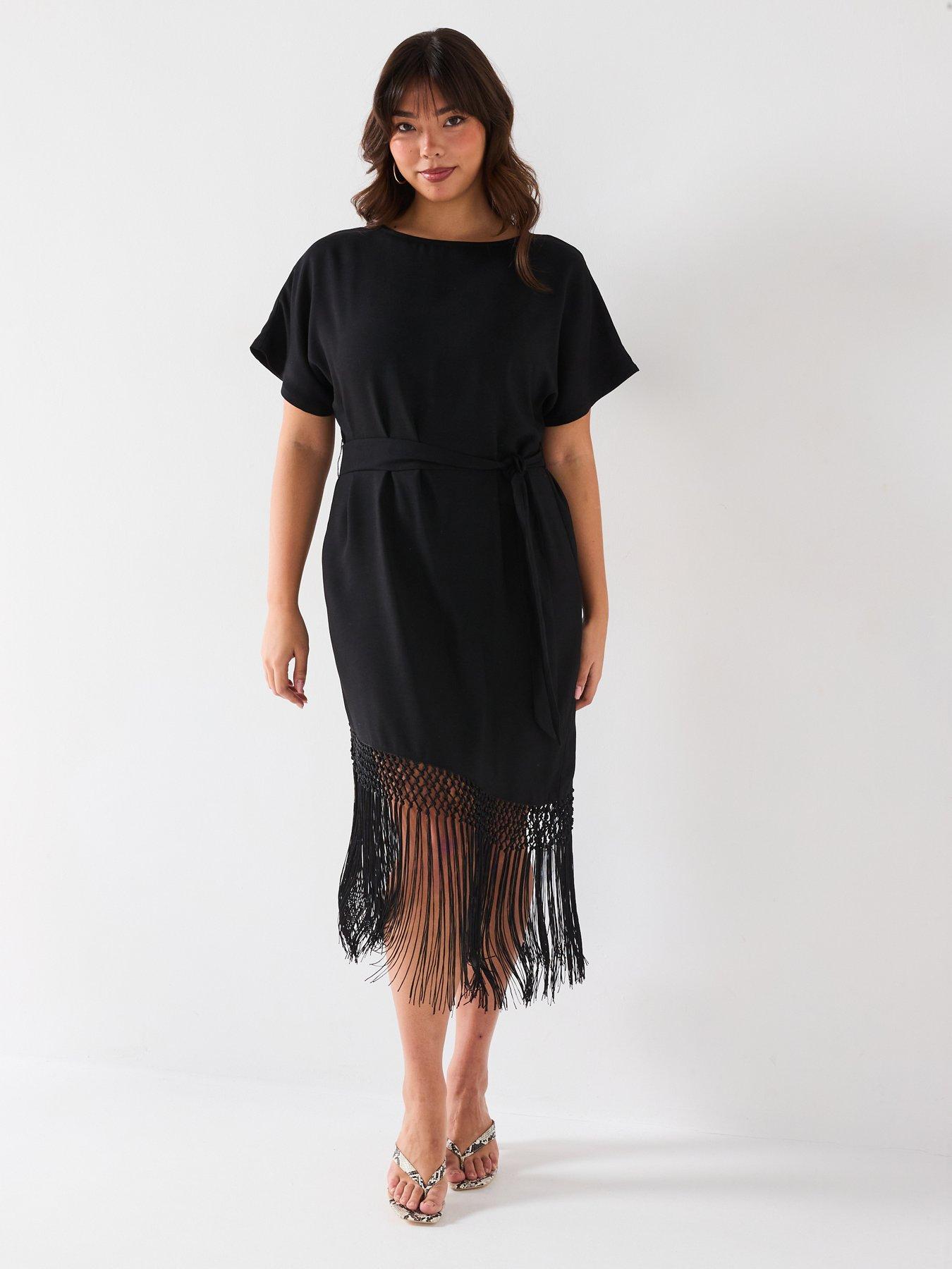 undefined Asymmetric Hem Fringe Dress - Black