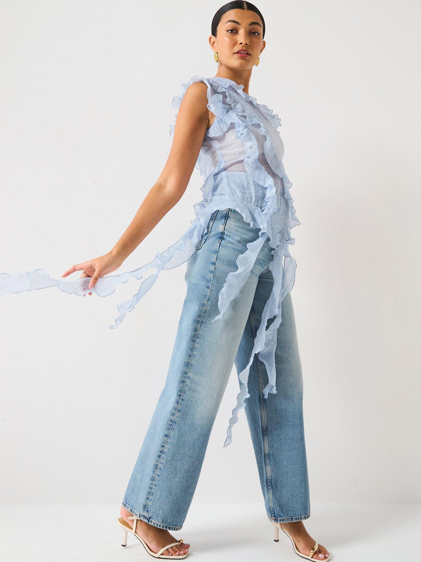 undefined One Shoulder Ruffle Top - Blue
