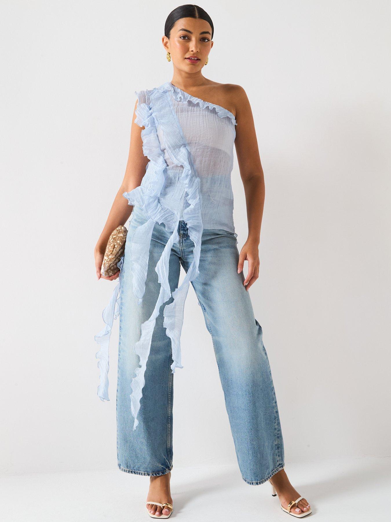 Image 3 of 6 of V by Very One Shoulder Ruffle Top - Blue