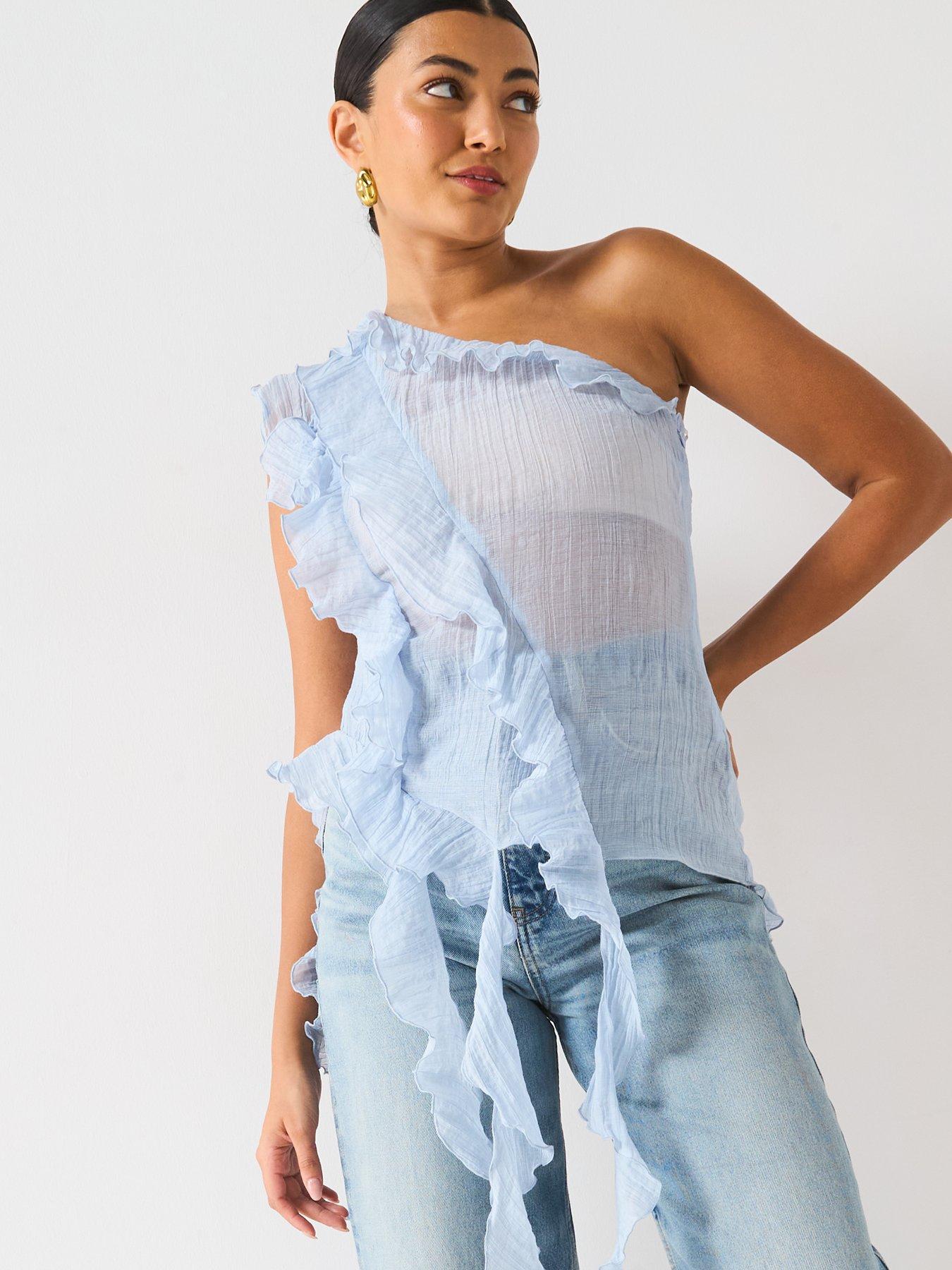 Image 4 of 6 of V by Very One Shoulder Ruffle Top - Blue