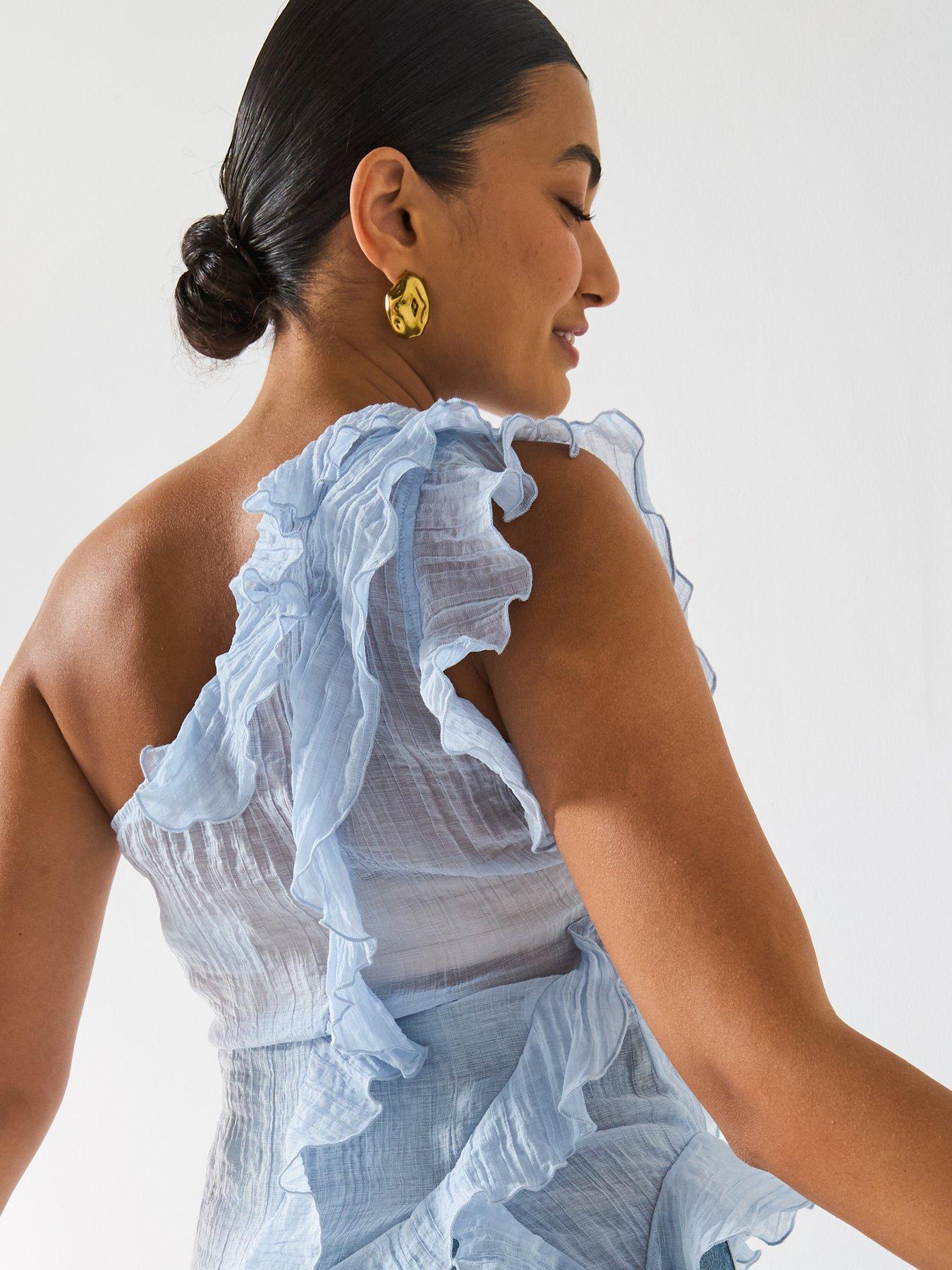 Image 6 of 6 of V by Very One Shoulder Ruffle Top - Blue
