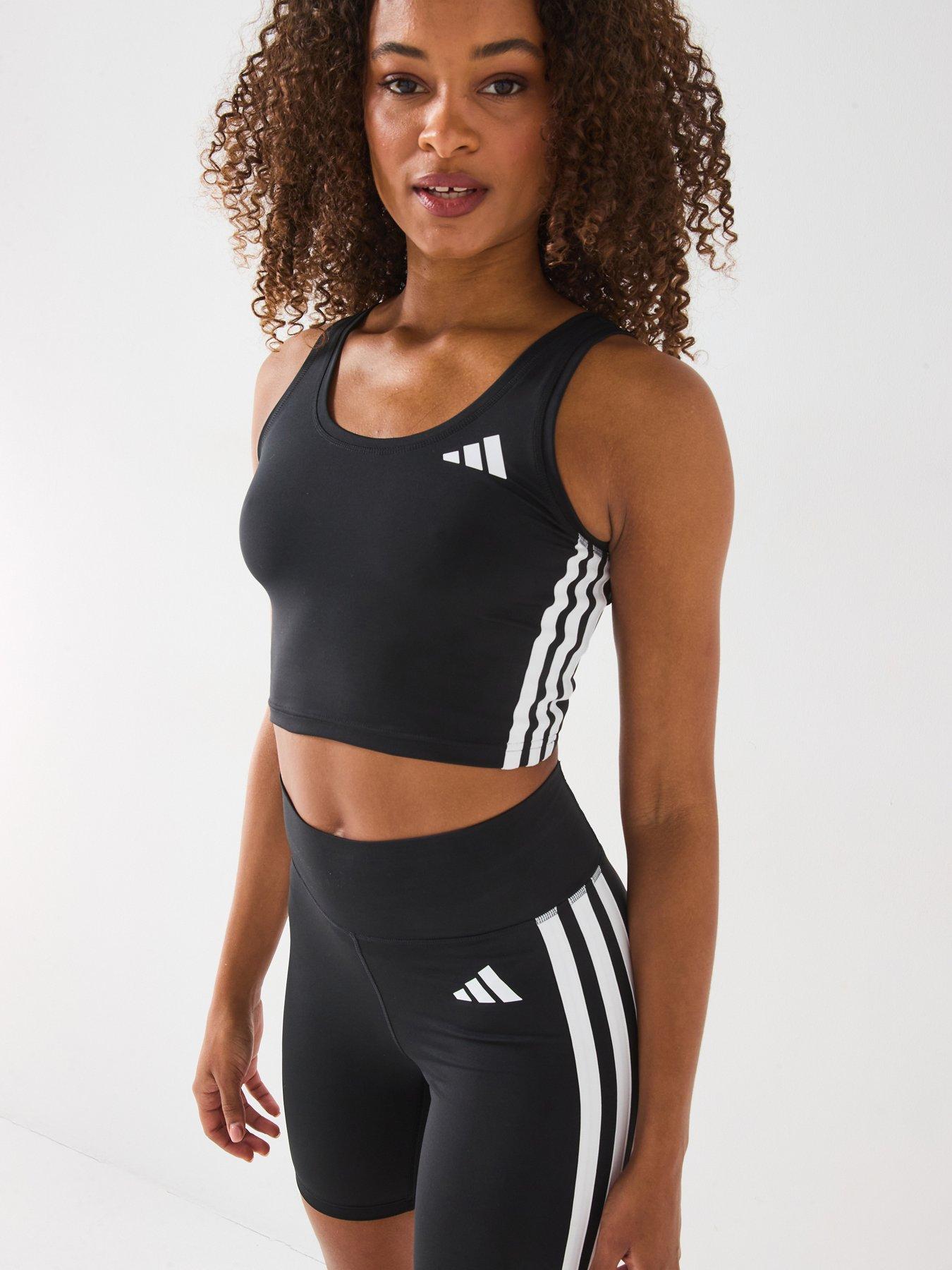 adidas Womens Train Essential 3 Stripe Crop Tank, Black/White, Size Xl, Women