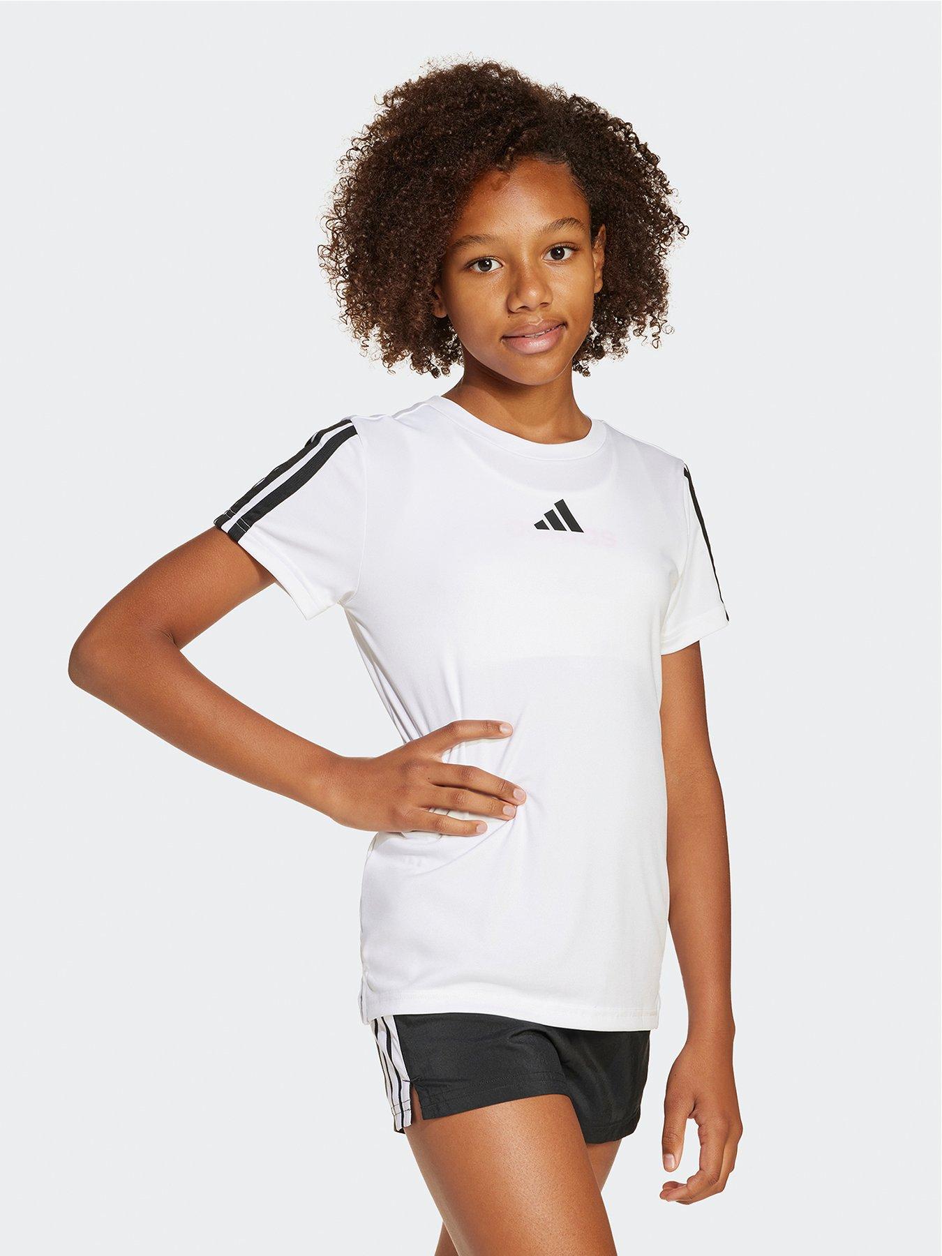 Adidas Junior Girls Train Essentials 3 Stripe T-Shirt - White