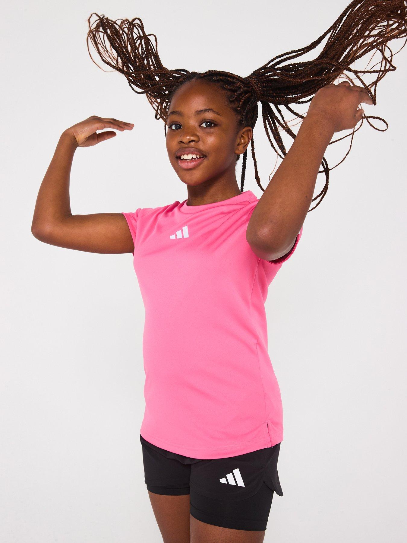 adidas Junior Girls Train Essentials 3 Stripe T-Shirt - Pink