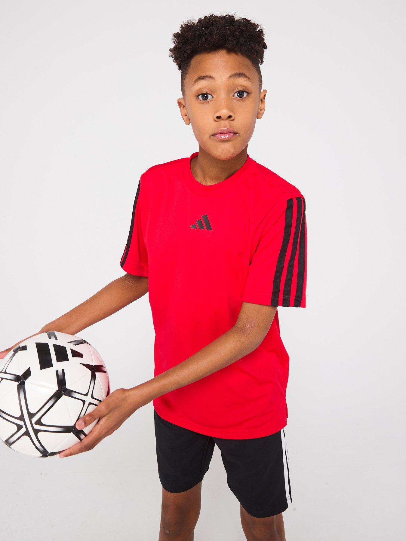 adidas Junior Boys Train Essentials 3 Stripe T-Shirt, Pure Ruby/Black, Size 7-8 Years