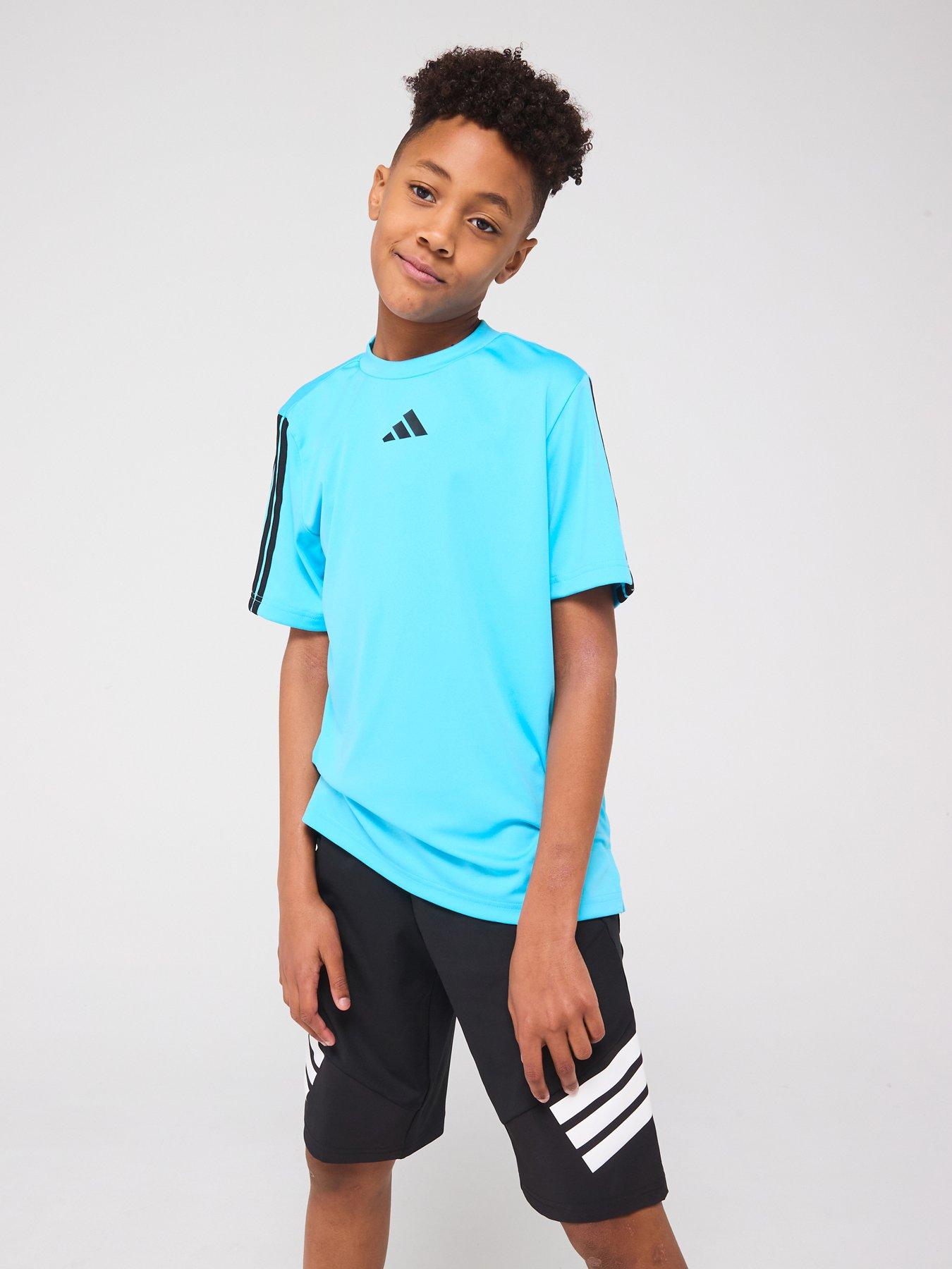 adidas Junior Boys Train Essentials Stripe T-Shirt Blue Very