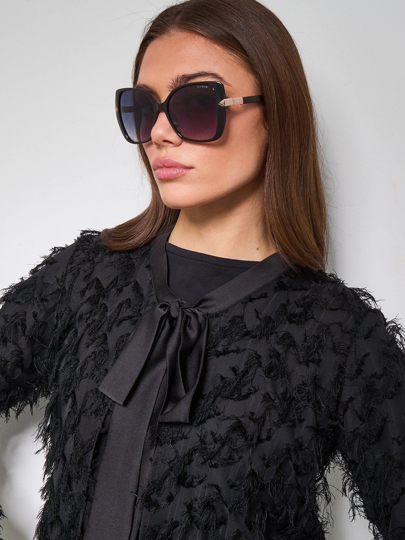 Guess Butterfly Metal Trim Arm Sunglasses - Shiny Black