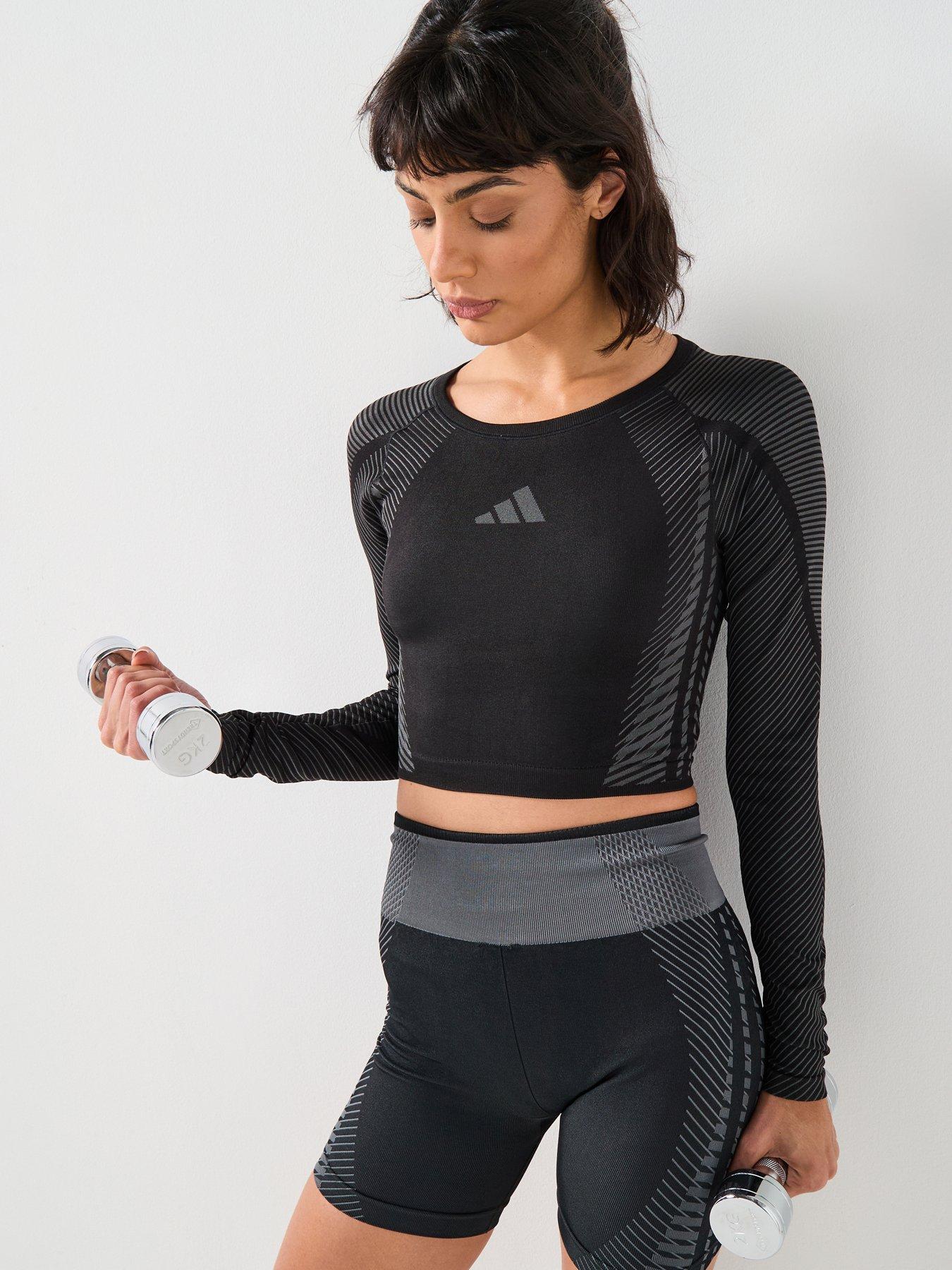 adidas Womens Training Seamless Long Sleeve Crop Top, Black/Grey Six, Size Xl, Women