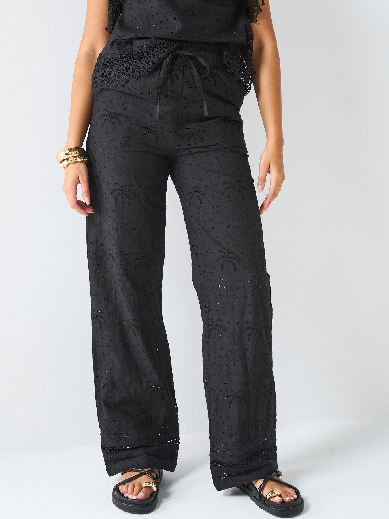 undefined Palm Tree Broderie Trouser Co-Ord - Black