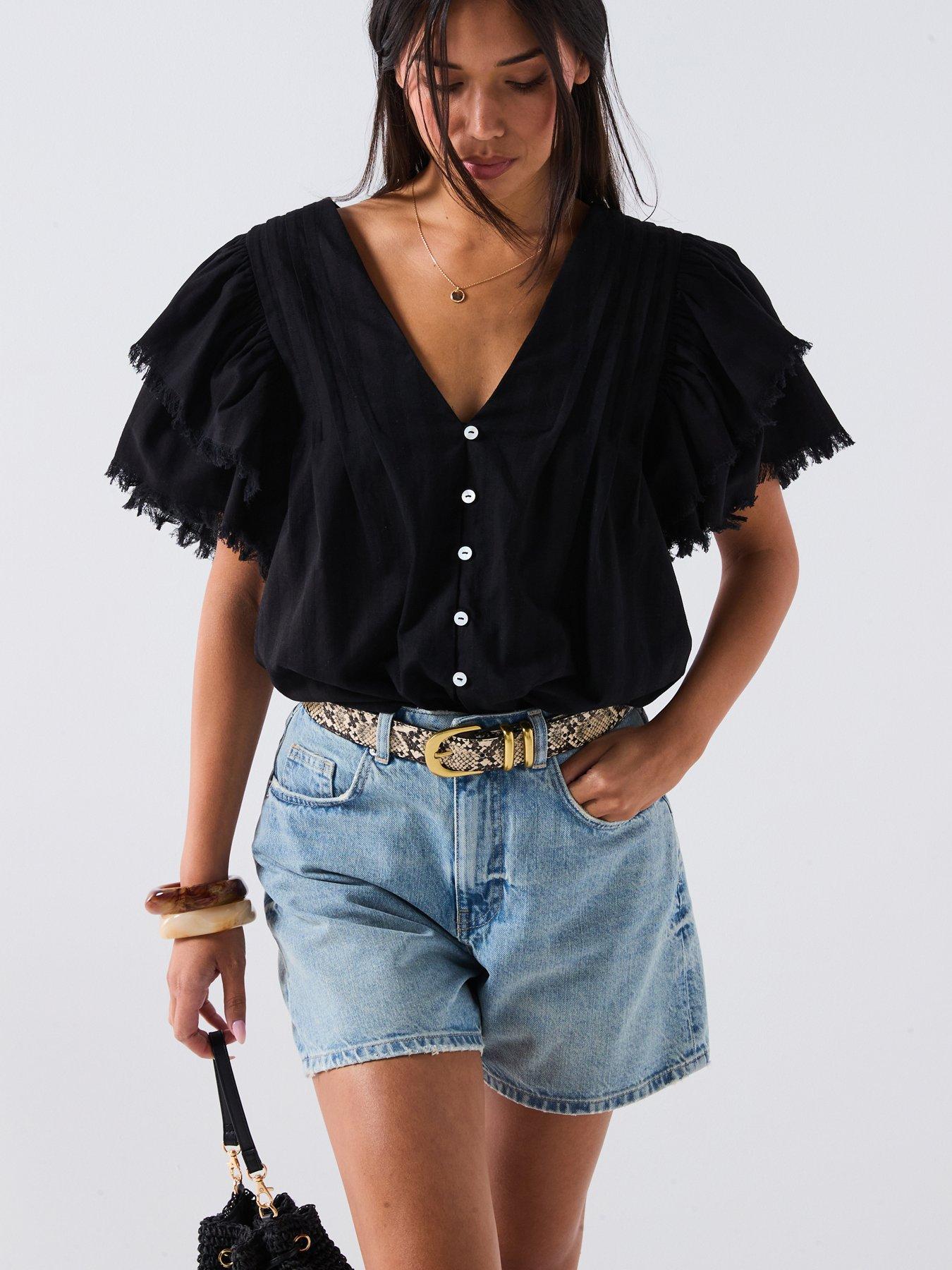 undefined V Neck Fluted Blouse - Black