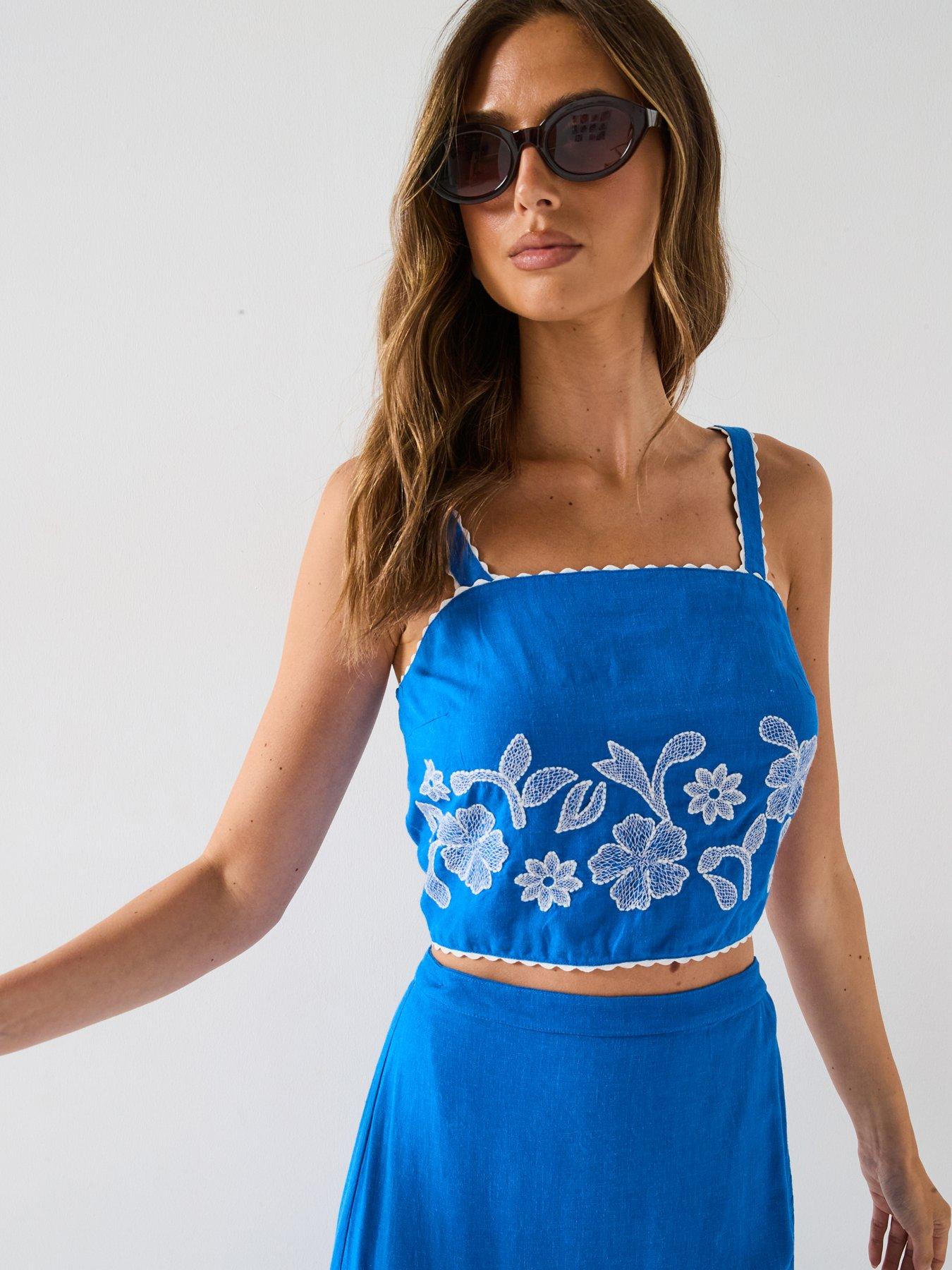 V by Very Strappy Embroidered Crop Top Co-Ord - Blue | Very