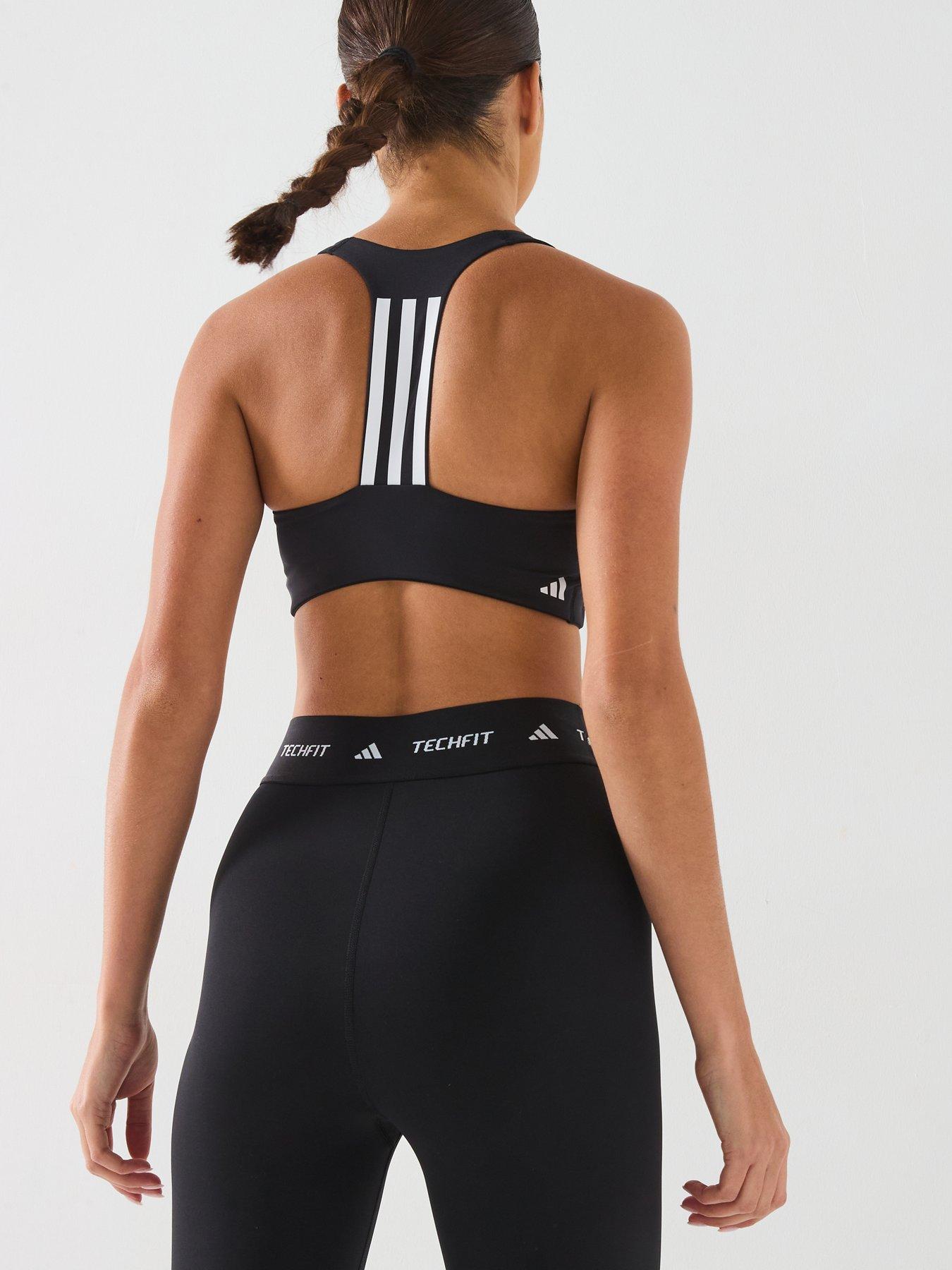 Image 2 of 6 of adidas Womens Training 3 Stripe Midi Support Sports Bra - Black