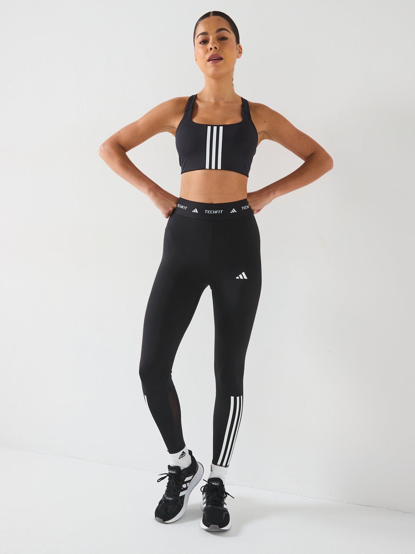 Image 3 of 6 of adidas Womens Training 3 Stripe Midi Support Sports Bra - Black