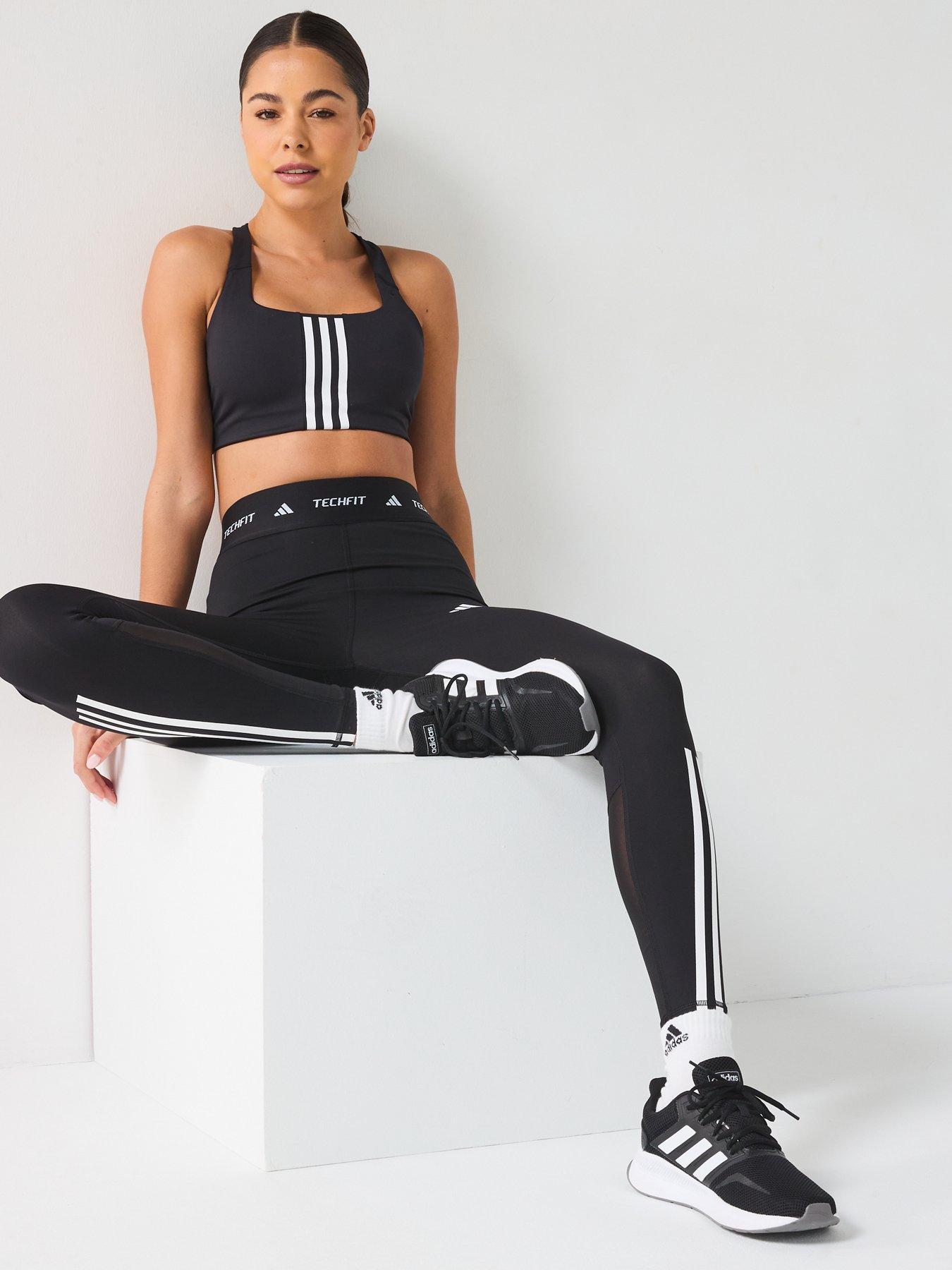 Image 4 of 6 of adidas Womens Training 3 Stripe Midi Support Sports Bra - Black