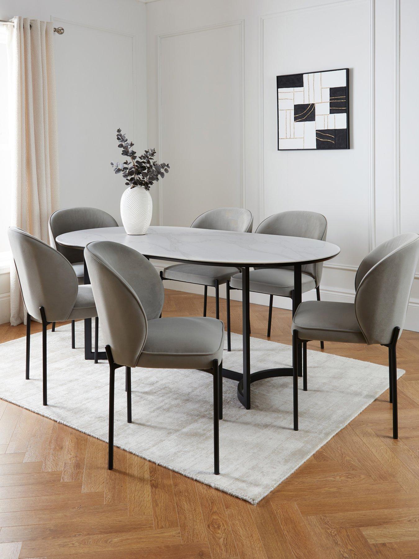 undefined Alba 180 cm White/Grey/Black Ceramic Top Oval Dining Table + 6 Nordic Matte Grey Chairs