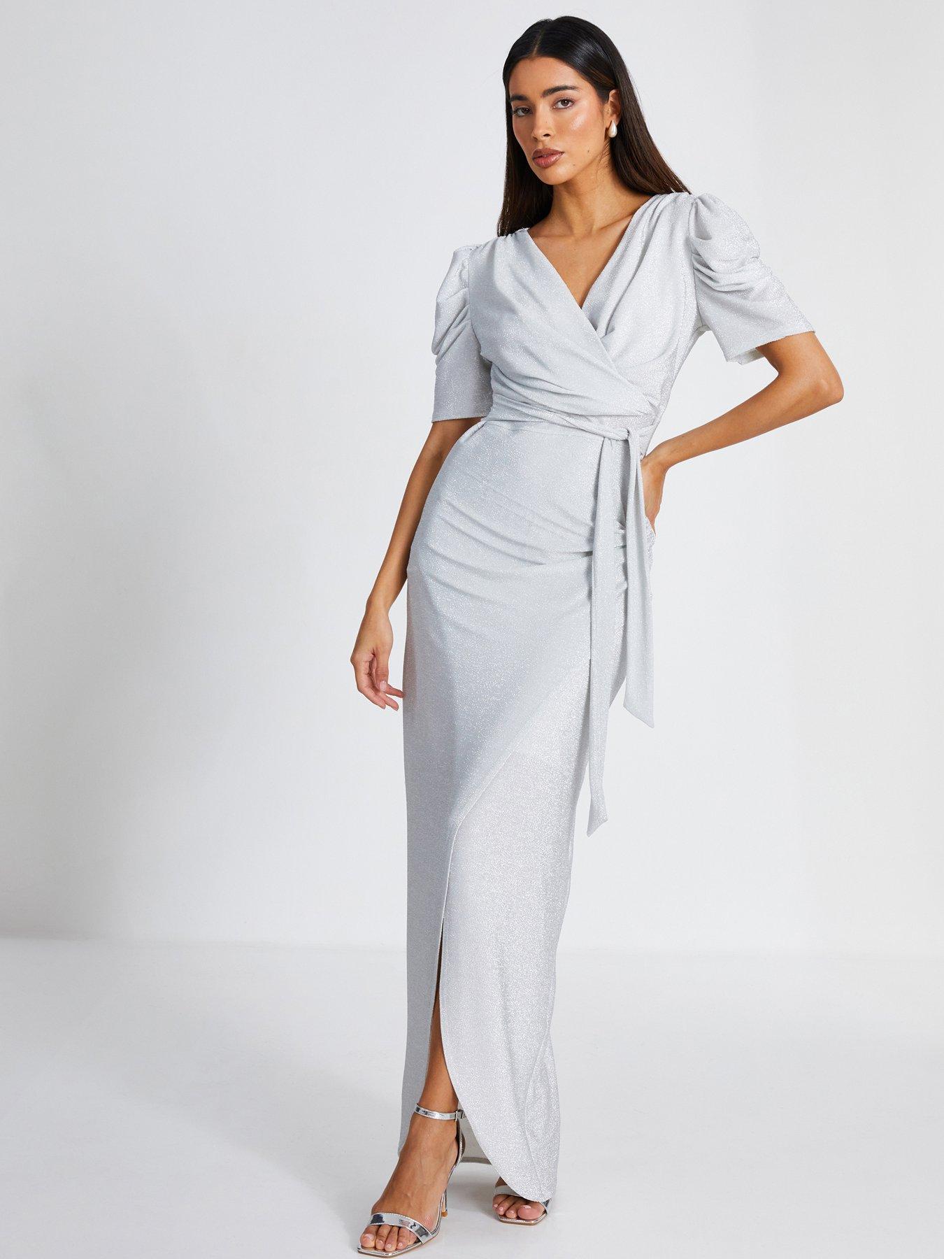 Quiz Silver Glitter Wrap Maxi Dress | Very