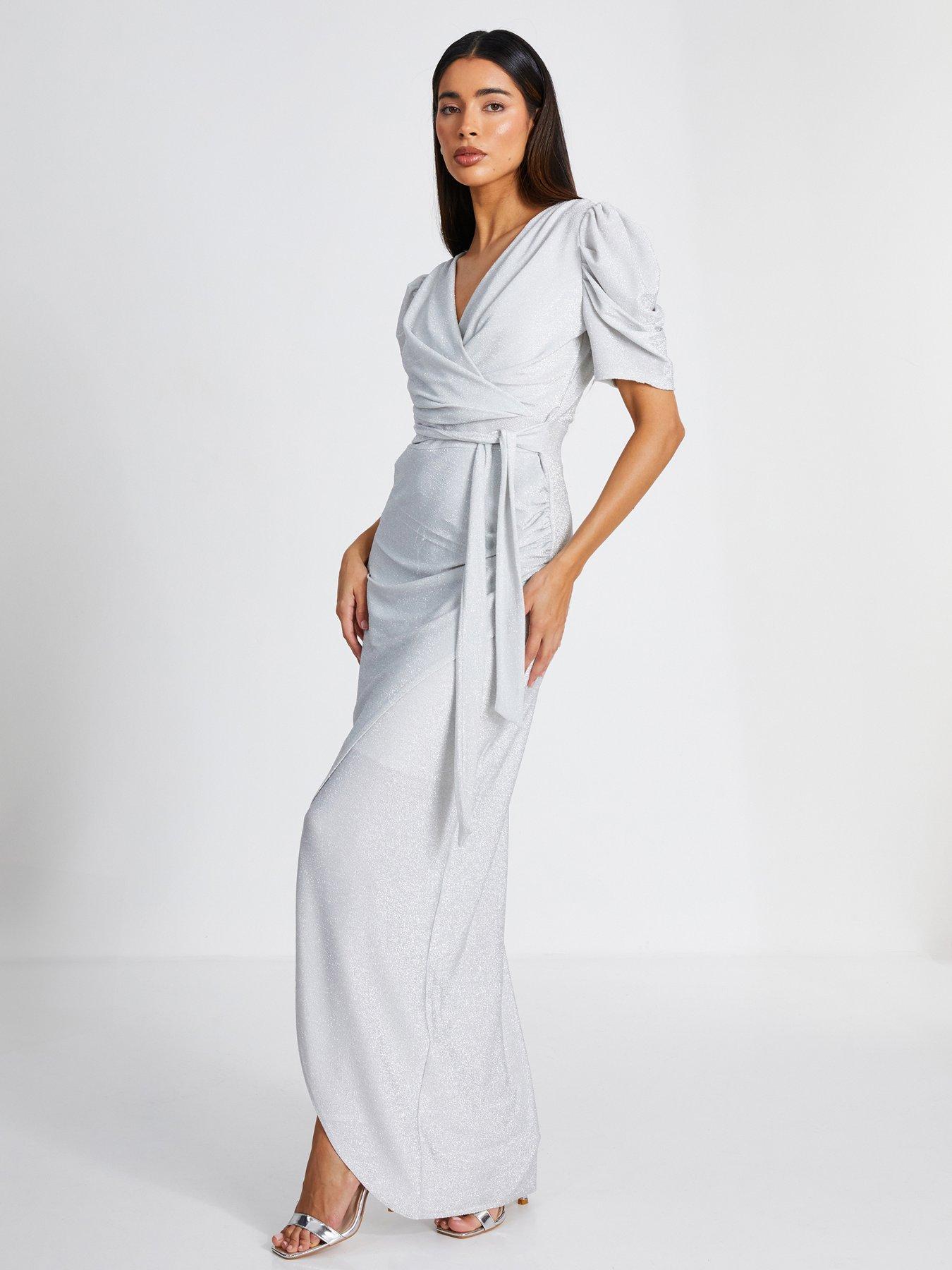 silver glitter wrap dress Ruched Women's Wrap Glitter V Neck Dress Size Small Silver