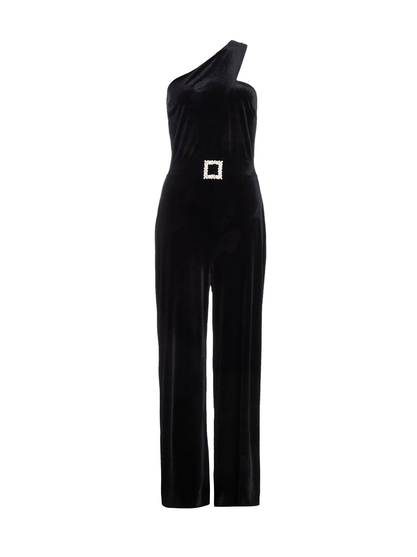 Image 4 of 6 of Quiz Black Velvet Asymmetric Jumpsuit