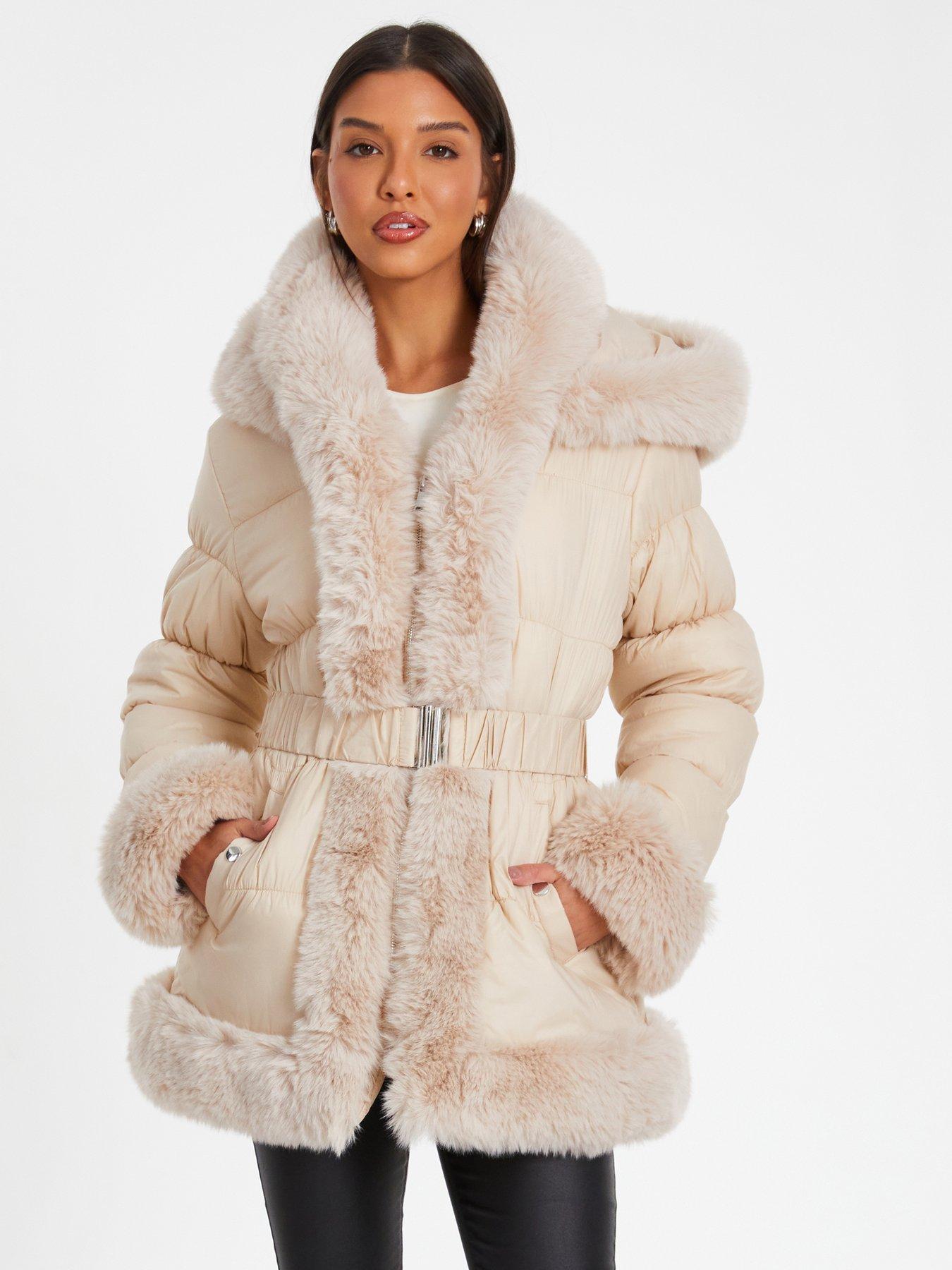 Quiz Stone Padded Faux Fur Trim Jacket