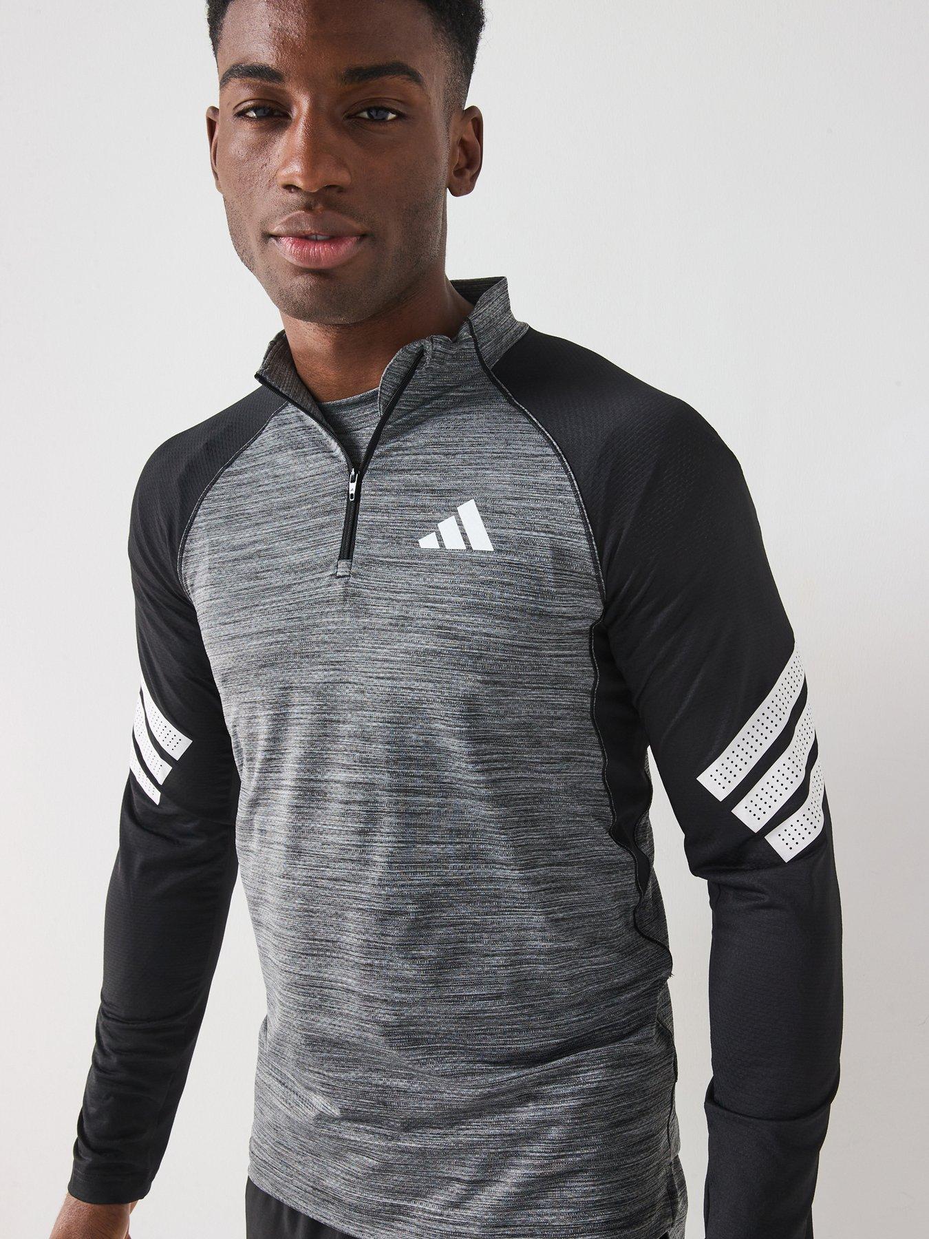 adidas Mens Training Gym+ Stripe 1/4 Zip Top Black Very