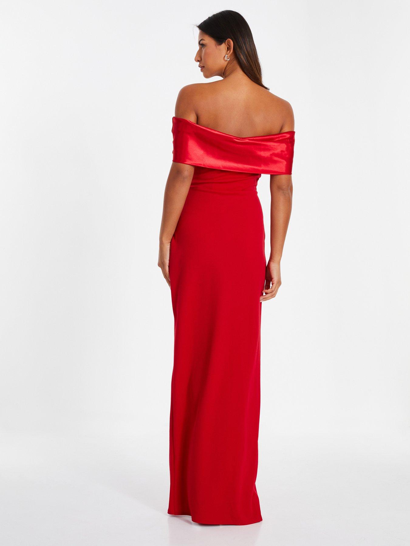 Quiz Red Satin Bardot Maxi Dress | Very