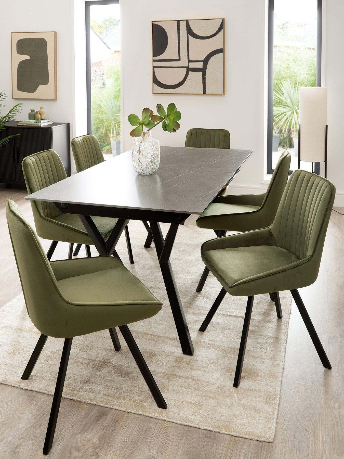 Very Home Corbin 160-200 cm Extending Black Dining Table + 6 Marlow Moss Green Dining Chairs
