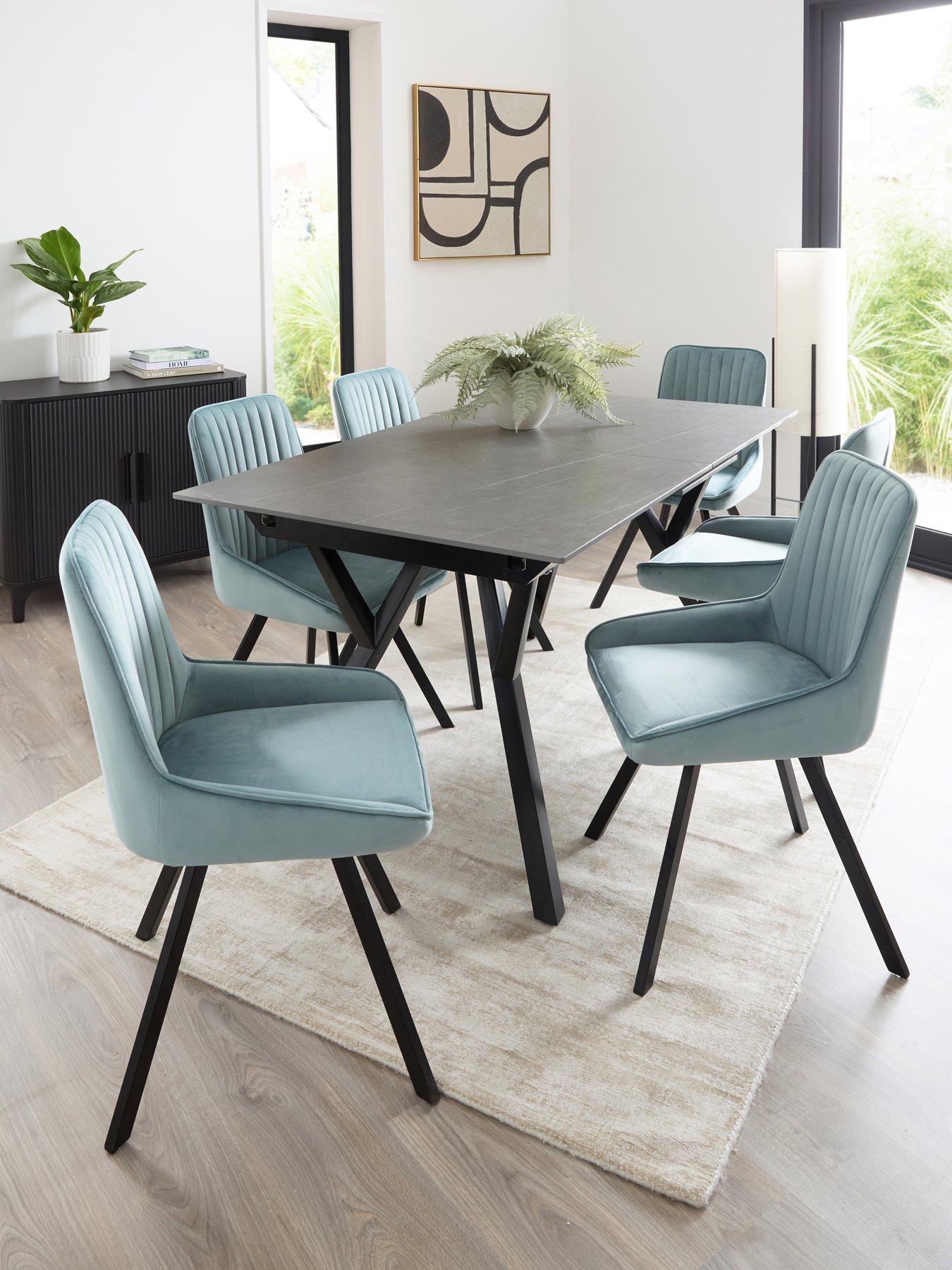 undefined Corbin 160-200 cm Extending Black Dining Table + 6 Marlow Dusty Blue Dining Chairs - FSC® Certified