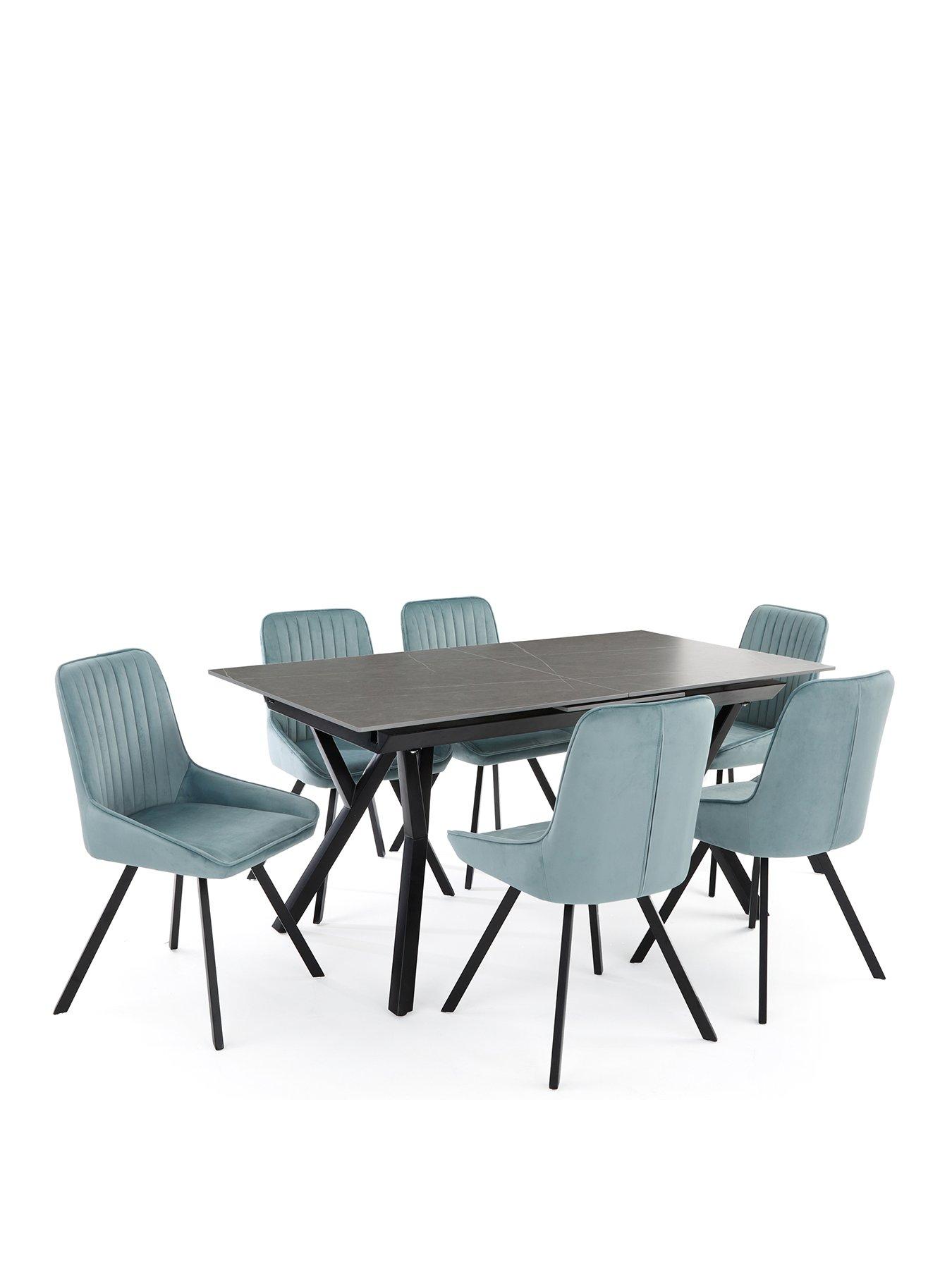 Image 2 of 7 of The Very Collection Corbin 160-200 cm Extending Black Dining Table + 6 Marlow Dusty Blue&nbsp;Dining Chairs