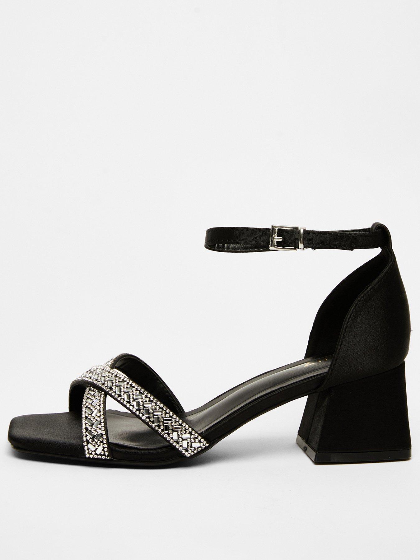 Black Satin Diamante Low Block Heels