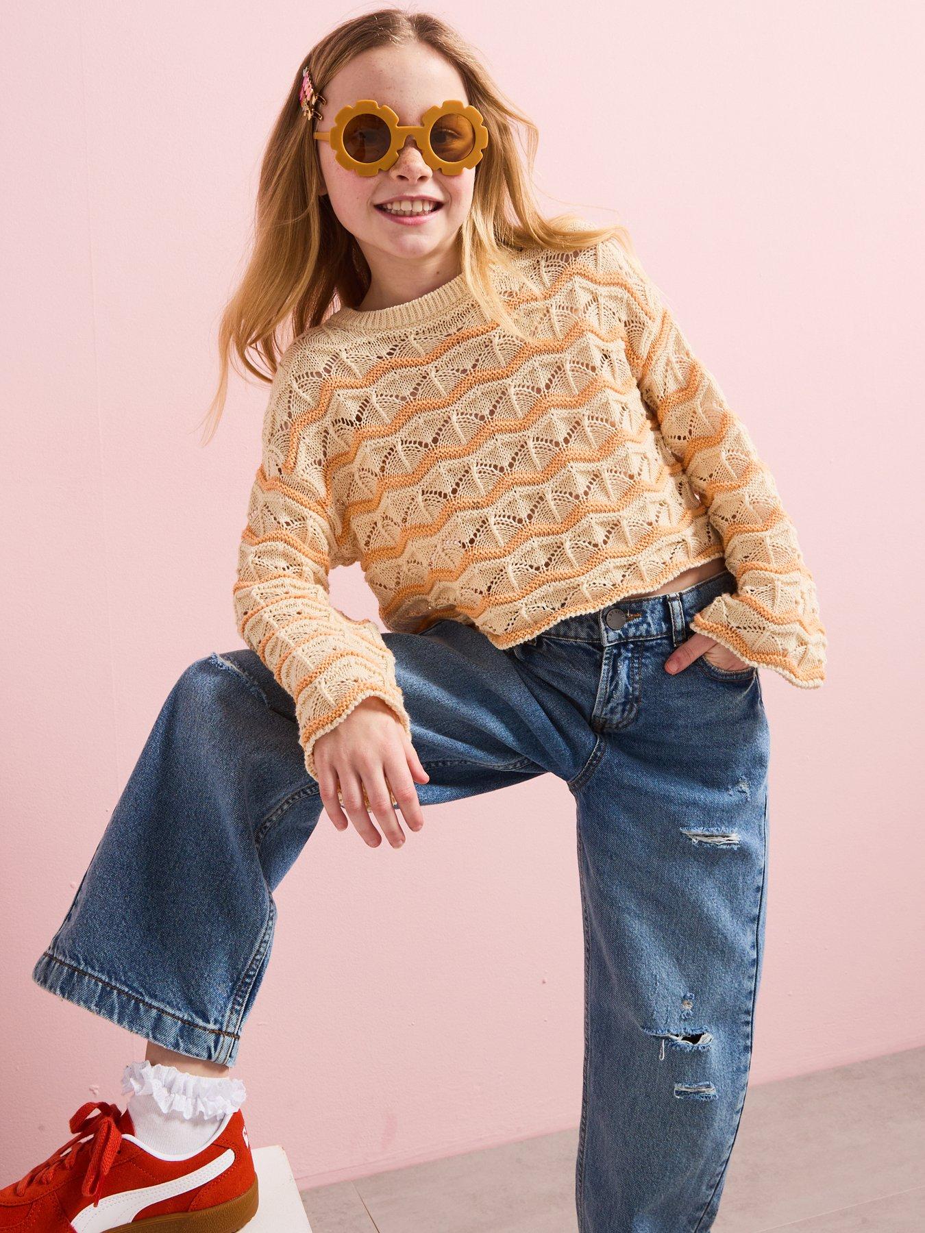 undefined Girls Stripe Crochet Jumper - Caramel Cream