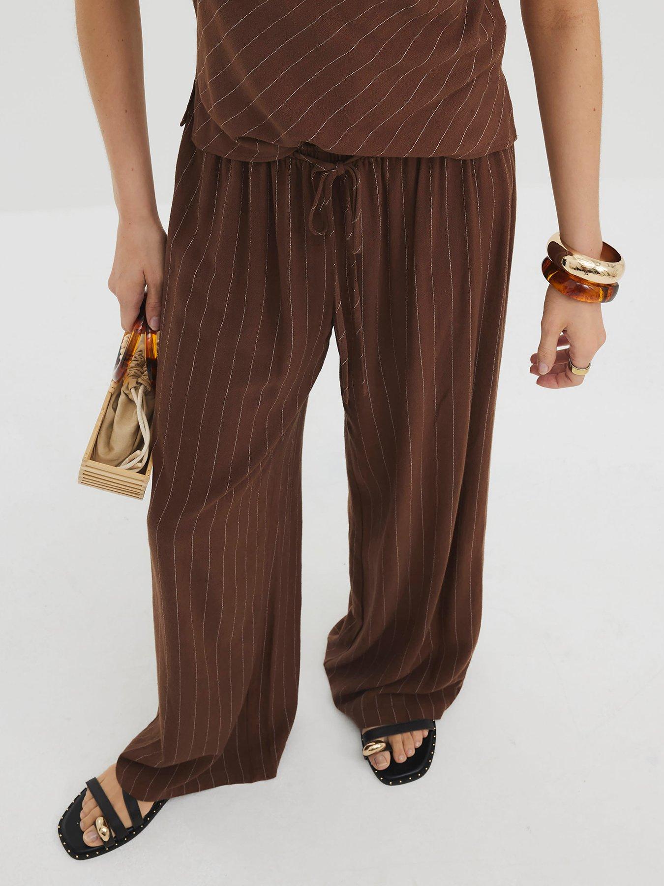 undefined Linen Stripe Trouser - Brown