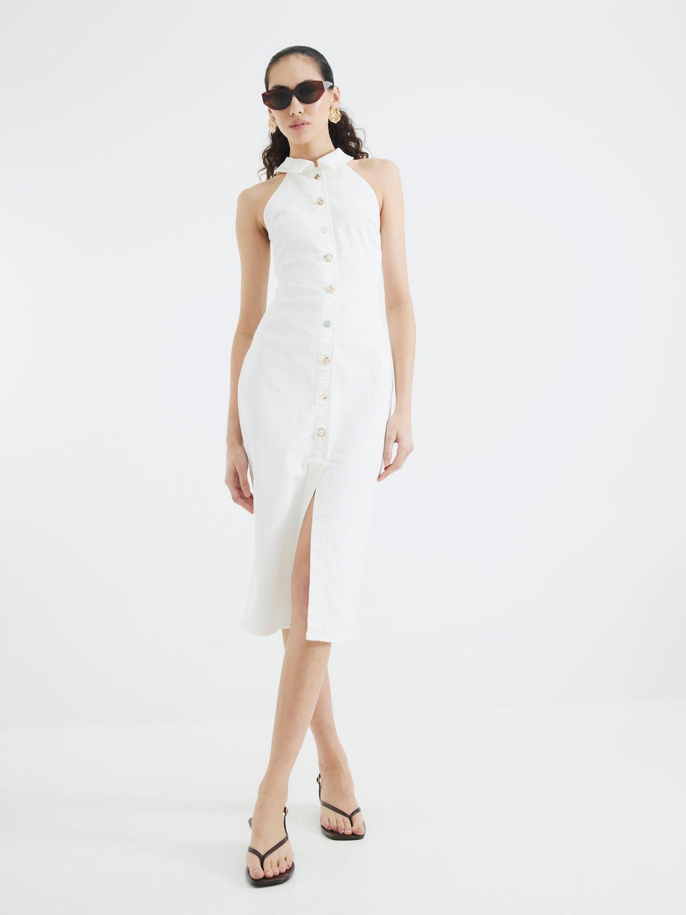 River Island Denim Fitted Shell Button Midi Dress - White