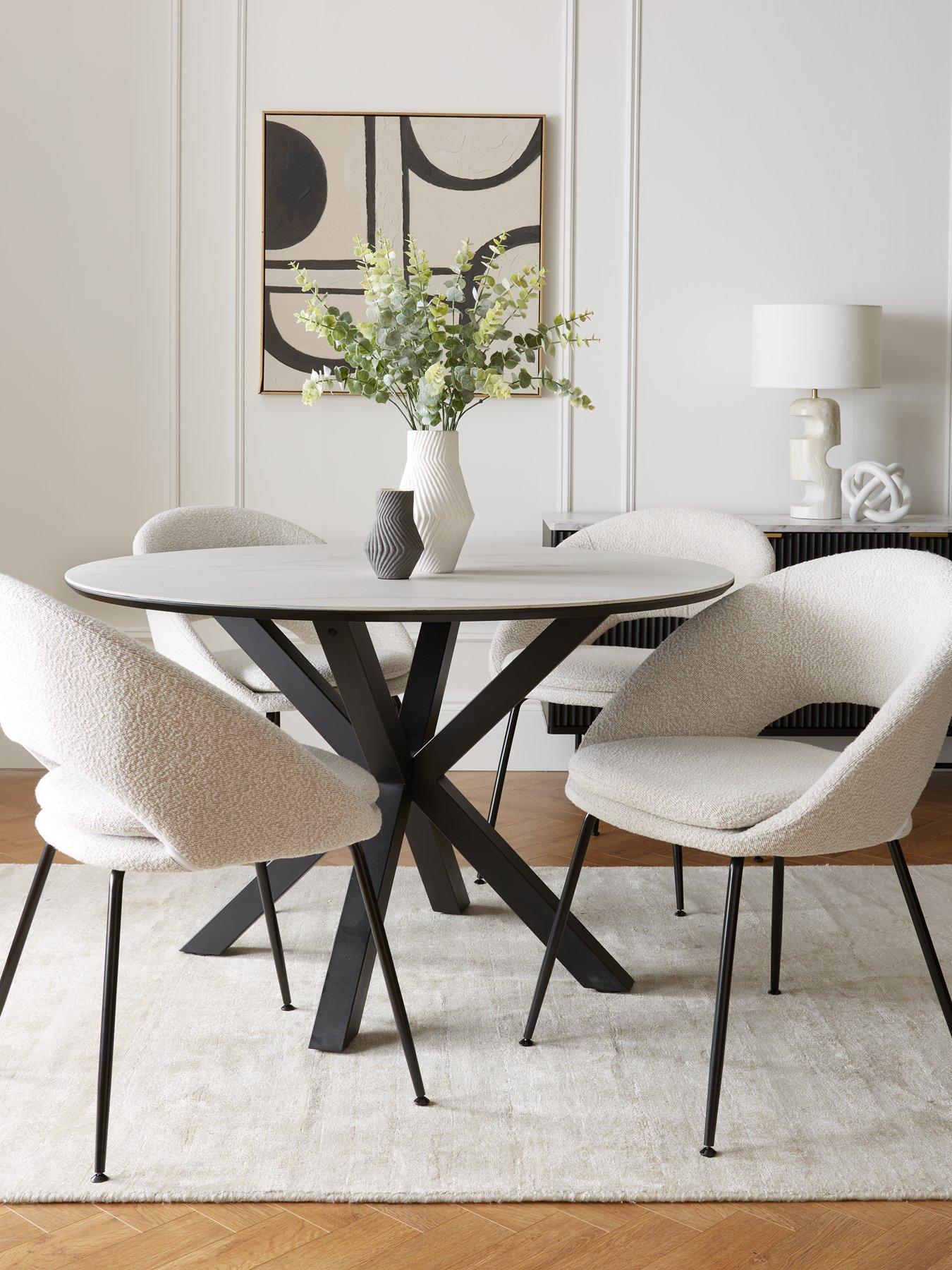 The Very Collection Arabella 120 cm Round Dining Table + 4 Aurelia Boucle Dining Chairs - White/Black/Cream - FSC® Certified